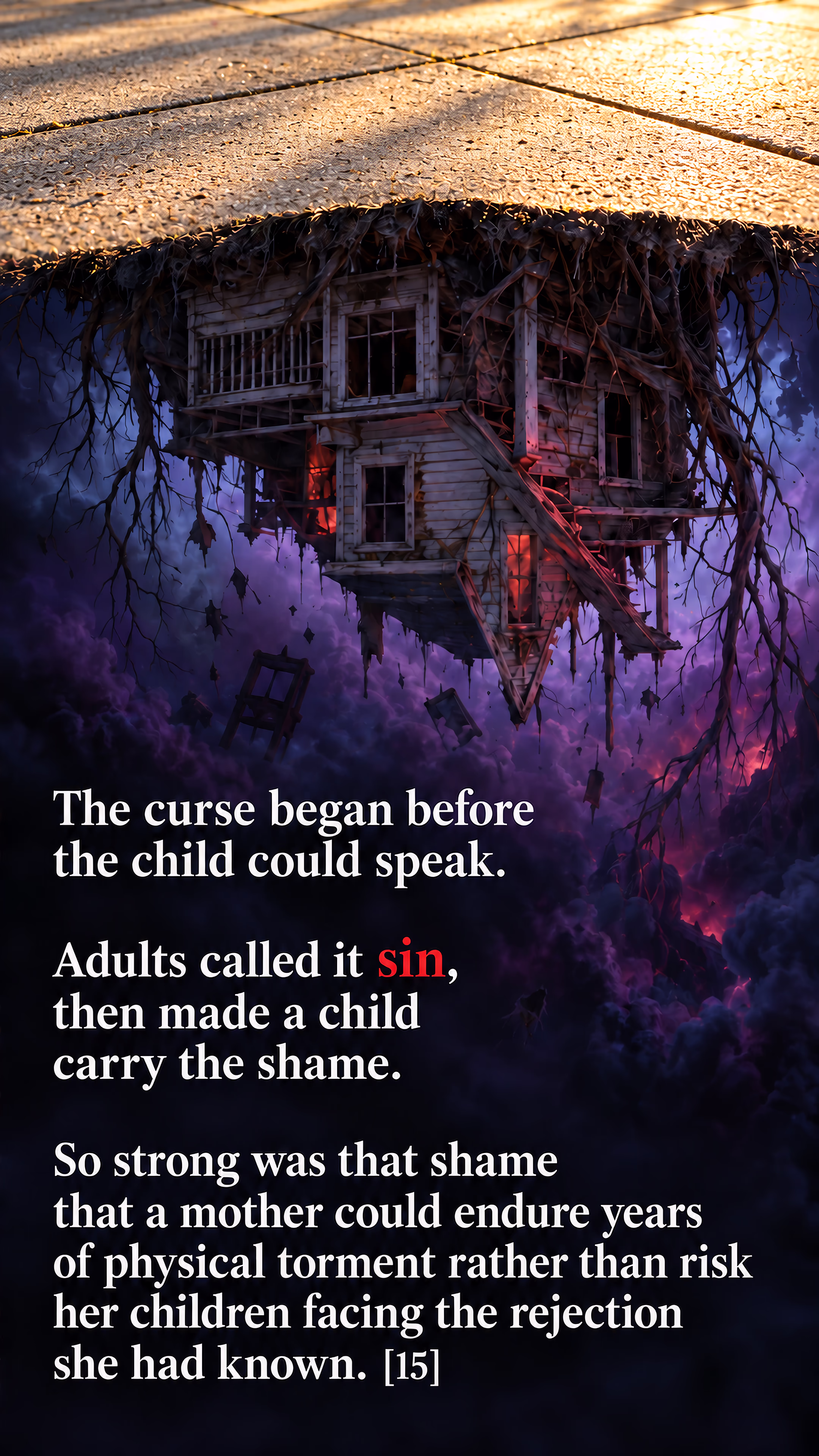 A priestlike demon towers over a girl's suburban lemonade stand. Beside it, sunny pavement conceals an upside-down, decaying house: a metaphor for the stigma imposed on children born outside marriage.