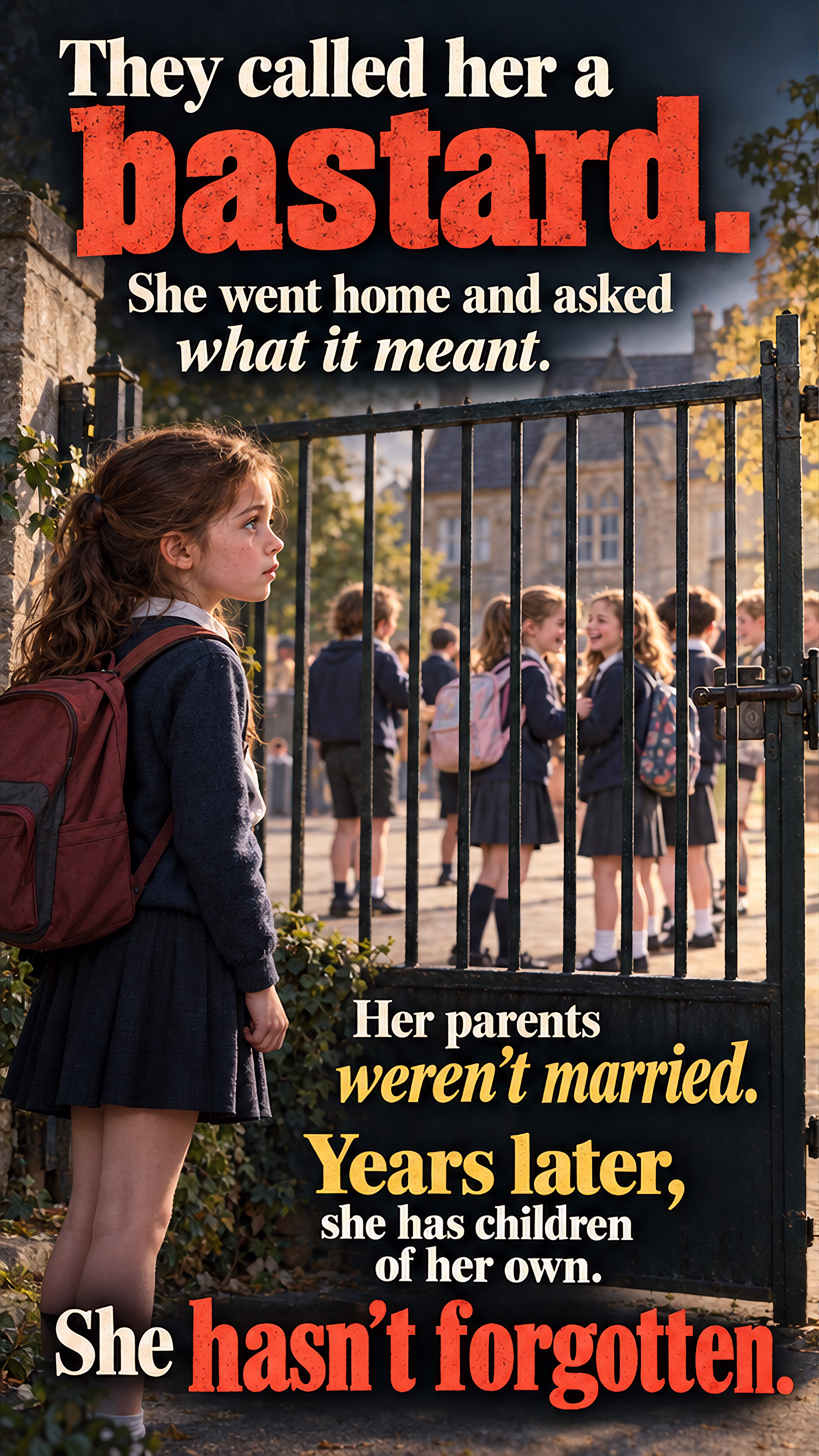 A schoolgirl stands outside a closed gate facing other children. Beside her, an adult woman faces the same gate with crossed arms, torn between rejecting its rules and protecting her children from exclusion.