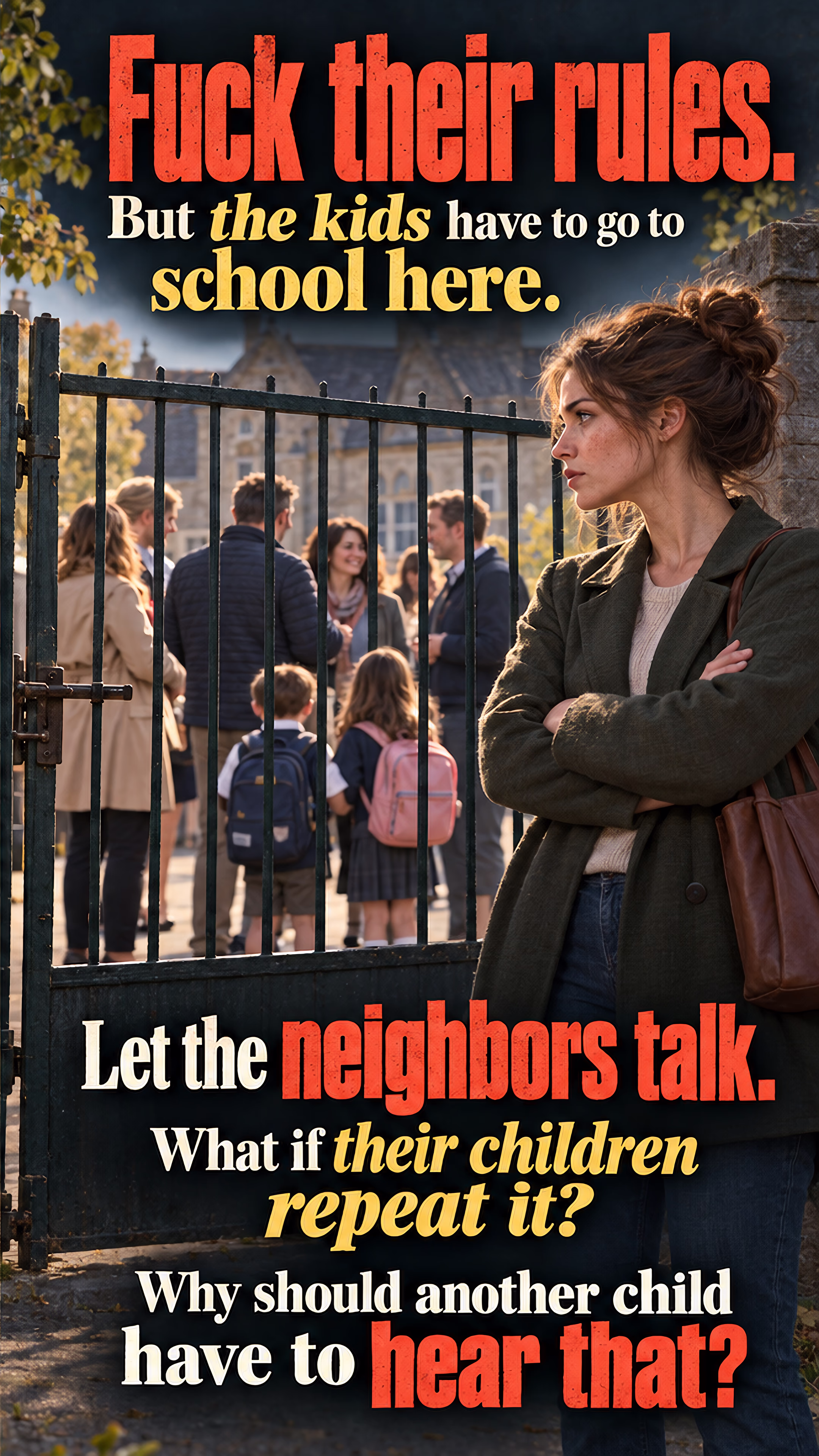 A schoolgirl stands outside a closed gate facing other children. Beside her, an adult woman faces the same gate with crossed arms, torn between rejecting its rules and protecting her children from exclusion.