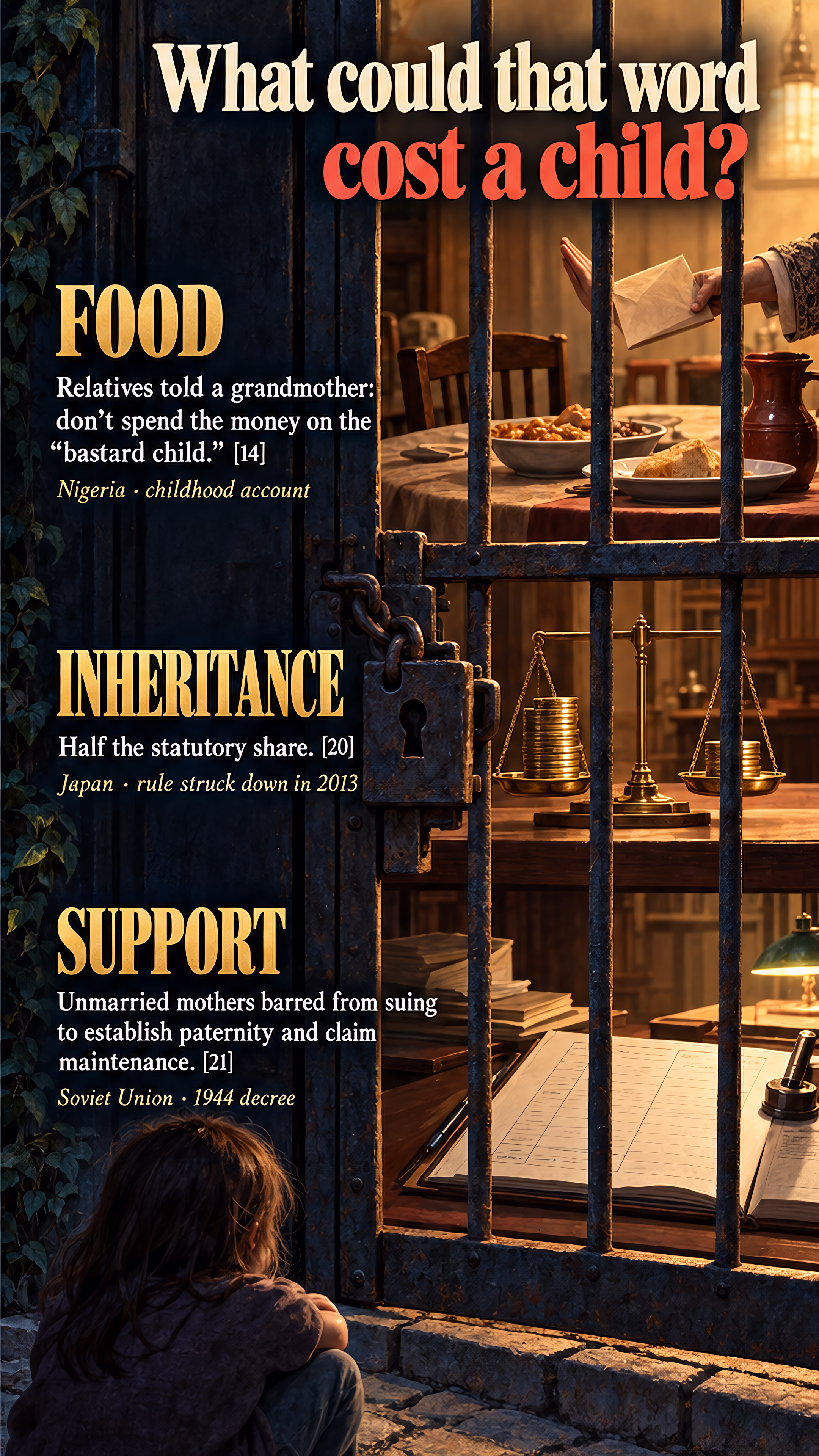 A globe connects six countries through images of children outside closed gates. A second locked gate separates a child from food, unequal inheritance scales, and a legal ledger, showing material consequences of birth-status discrimination.
