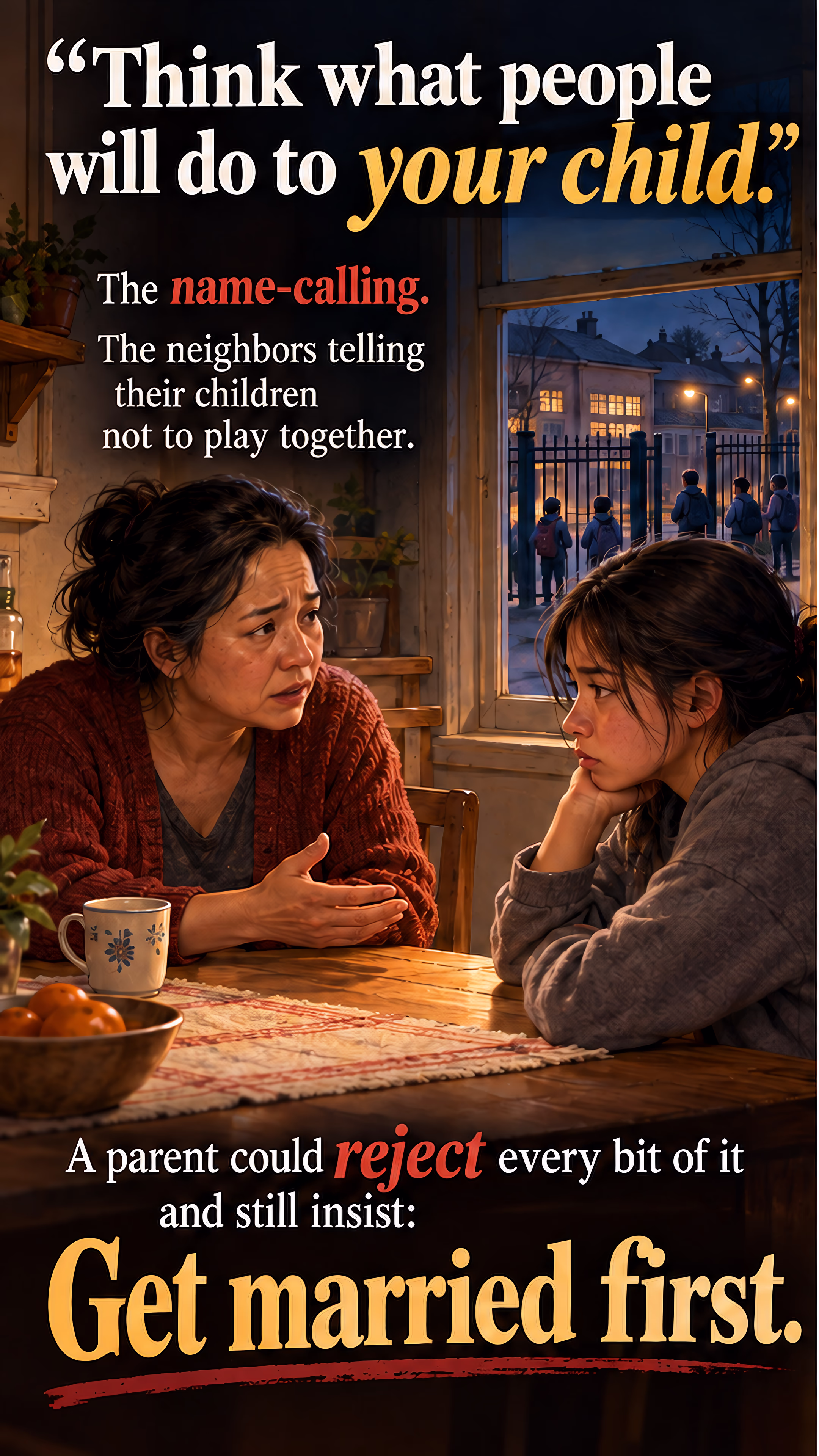 A mother and daughter talk at a kitchen table. A neighboring scene expands into a long hall of empty tables, with one family in the foreground, asking which families teach children to exclude others.