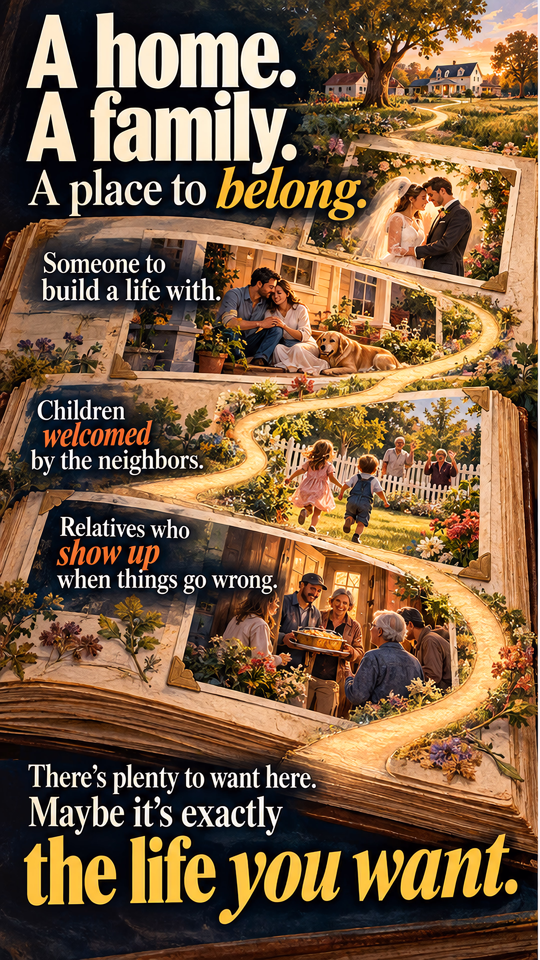 An open family photo album becomes a winding path through home, marriage, and community. Beside it, the path branches through pictures of travel, study, relationships, and a differently timed family life.