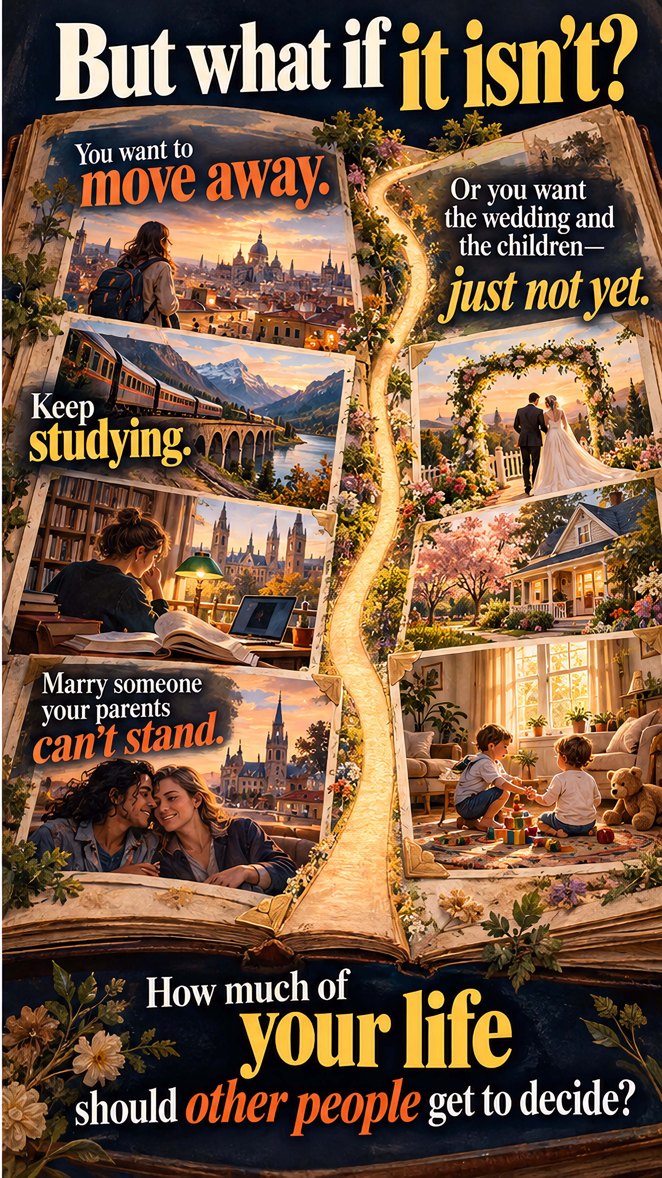 An open family photo album becomes a winding path through home, marriage, and community. Beside it, the path branches through pictures of travel, study, relationships, and a differently timed family life.