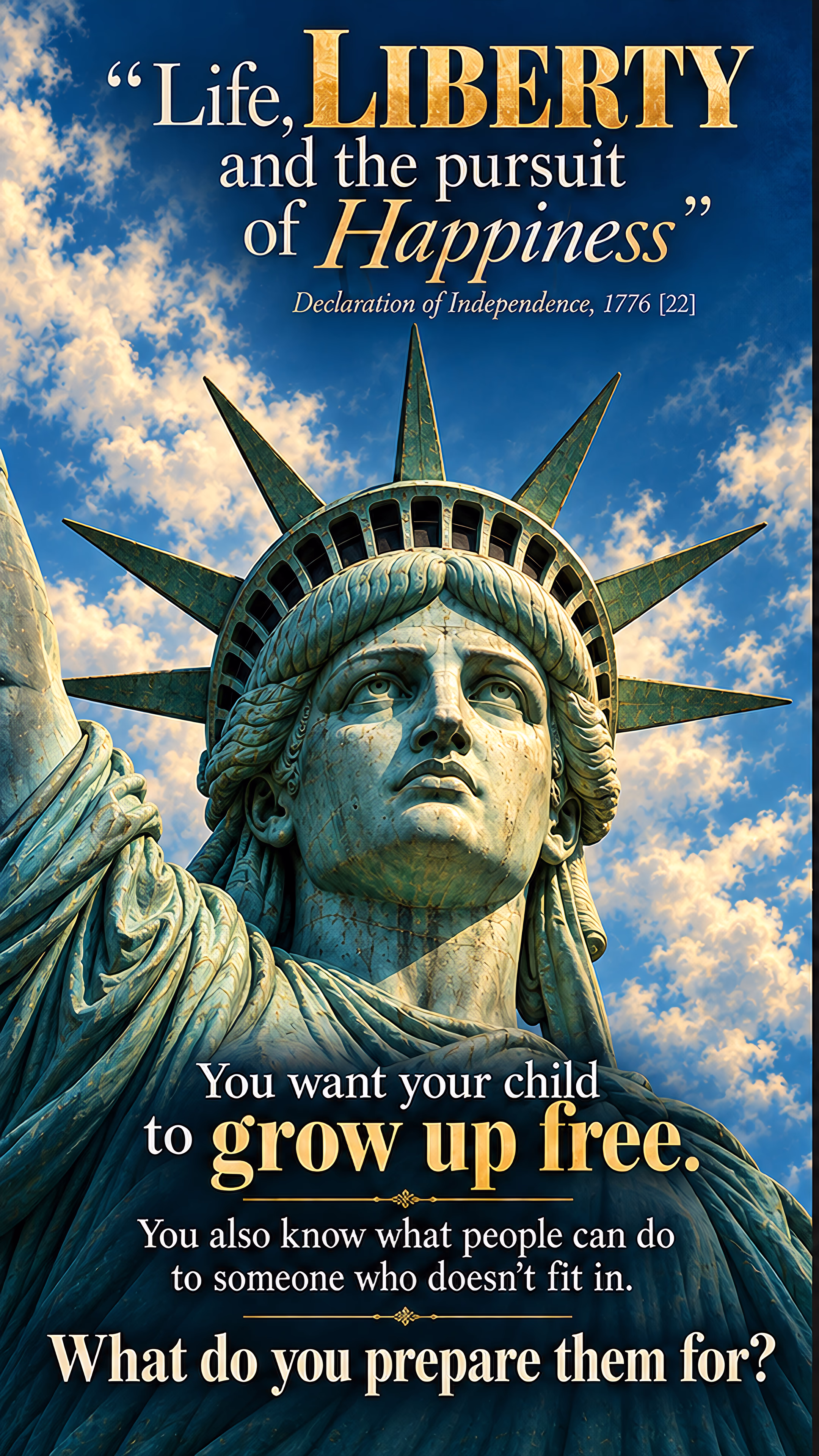 A close-up of the Statue of Liberty's face and crown accompanies a promise of freedom. Beside it, an imagined old family portrait illustrates a father's advice that daughters conceal their learning from men.