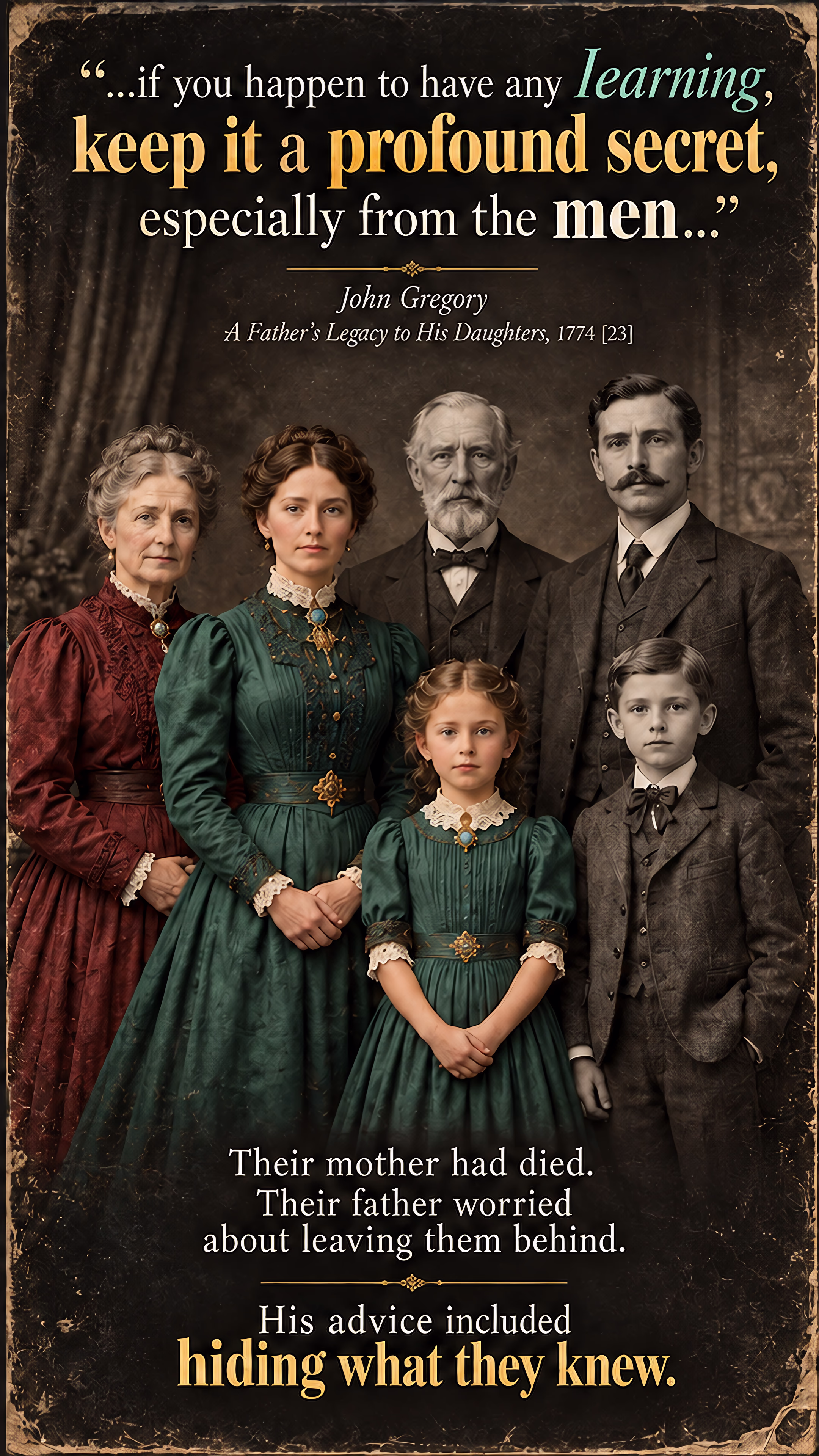 A close-up of the Statue of Liberty's face and crown accompanies a promise of freedom. Beside it, an imagined old family portrait illustrates a father's advice that daughters conceal their learning from men.