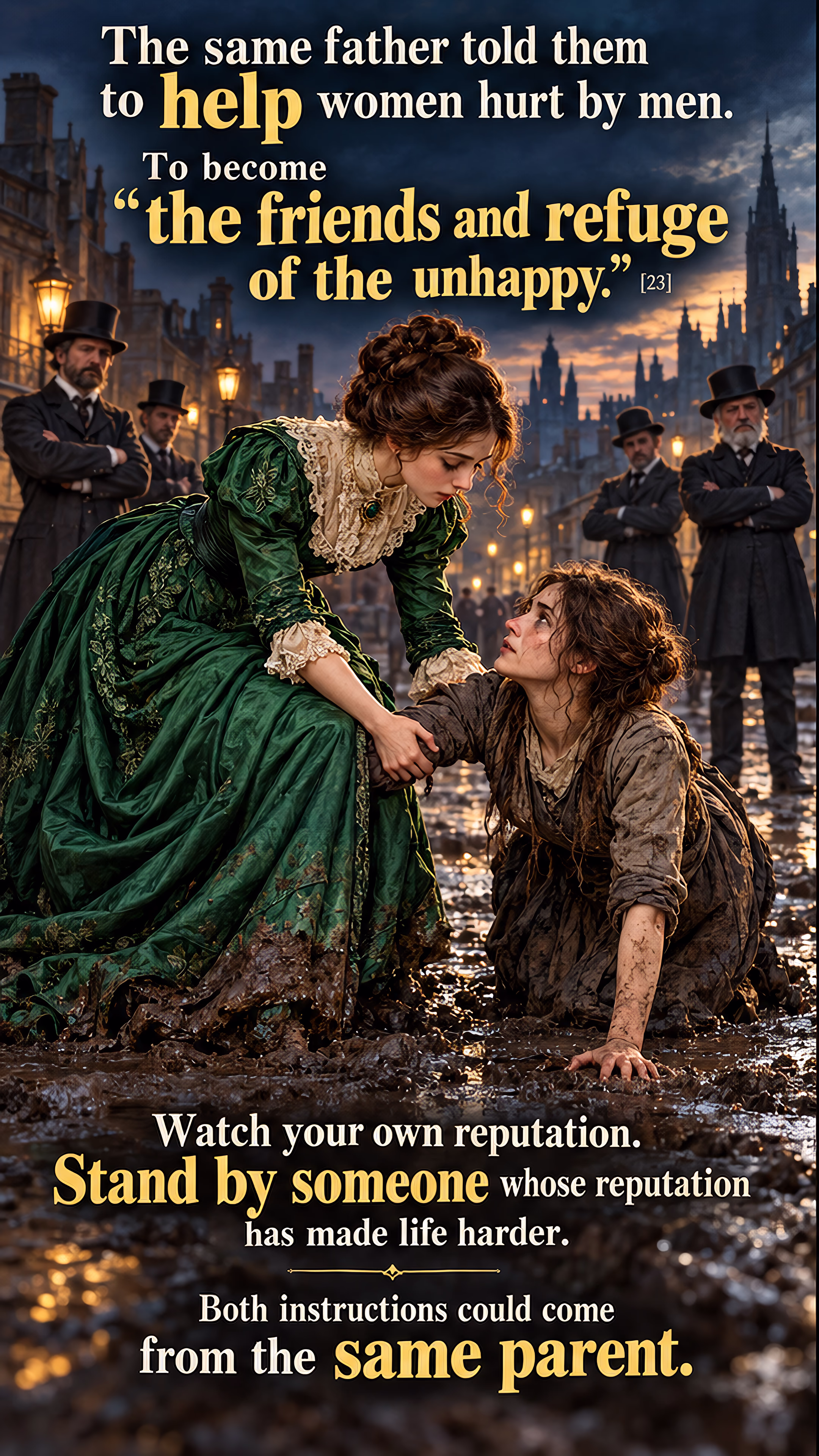 A well-dressed woman helps another woman from the mud while men watch. Beside them, a girl walks a tightrope between fire labeled reputational damage and ice labeled mental damage; a sign calls the crossing growing up.