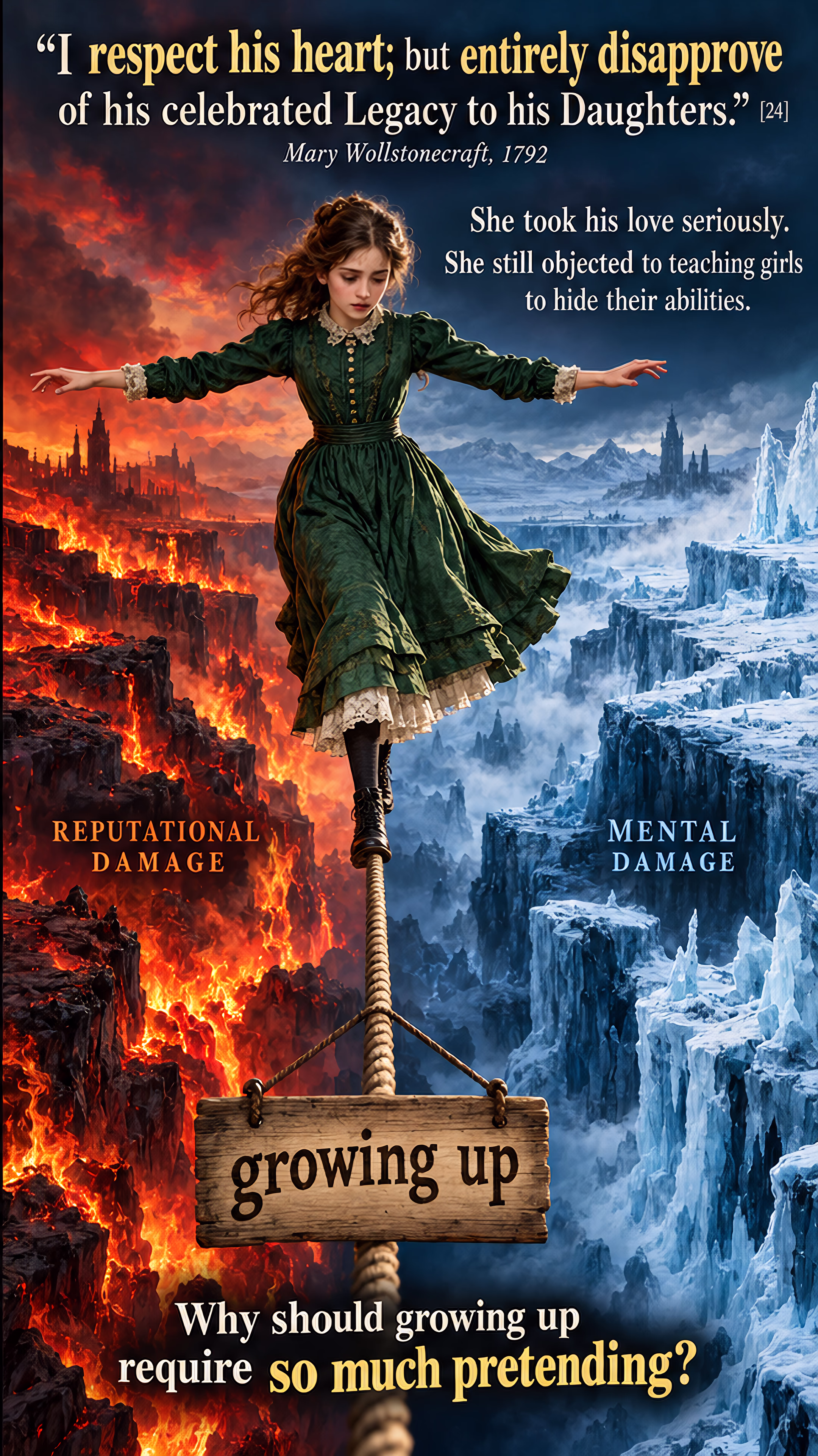 A well-dressed woman helps another woman from the mud while men watch. Beside them, a girl walks a tightrope between fire labeled reputational damage and ice labeled mental damage; a sign calls the crossing growing up.
