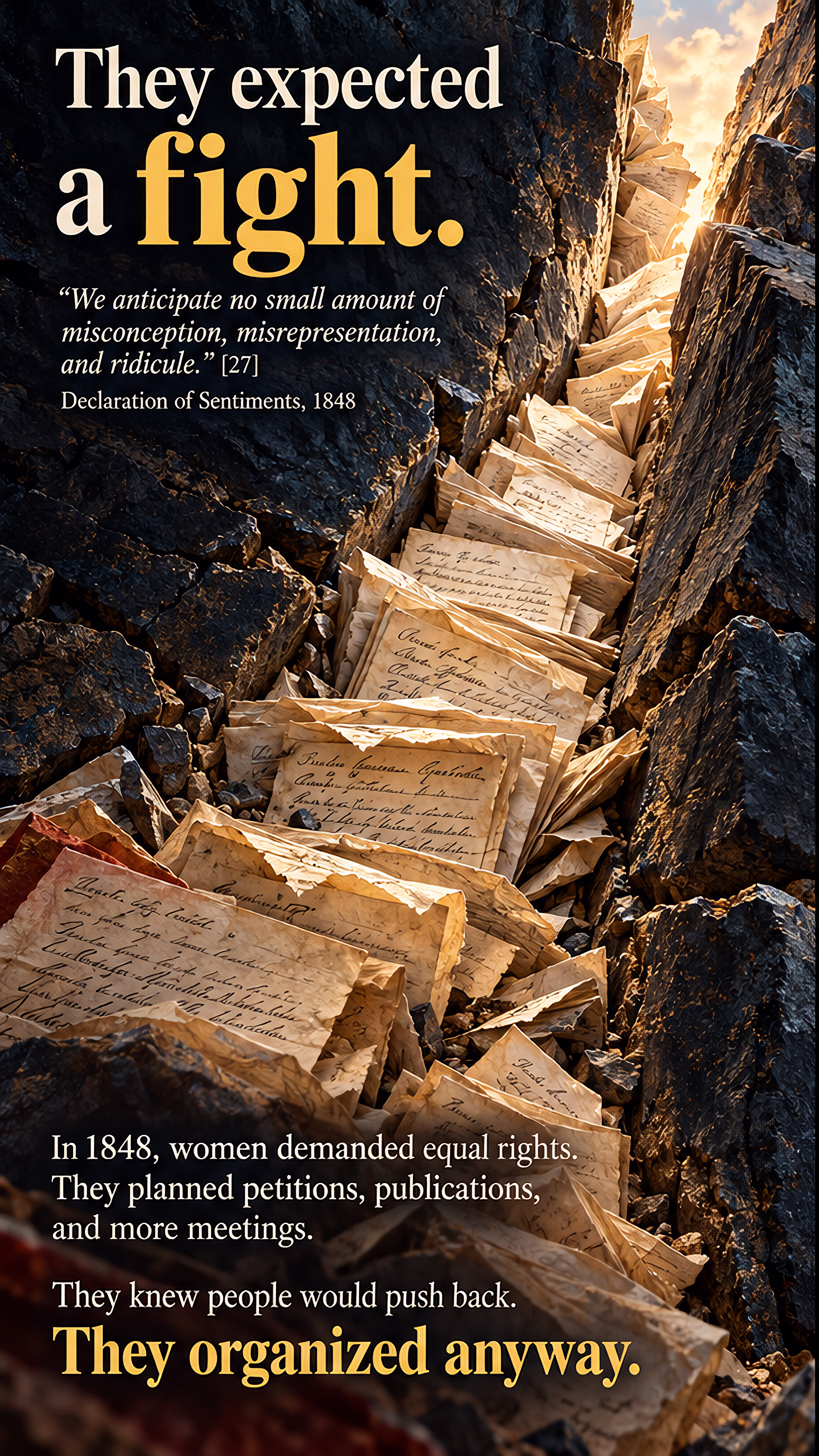 Petitions and papers form a steep path between rocks. Beside them, an hourglass filled with household burdens stands near a work bag, contrasting the fight for rights with the difficulty of using them.