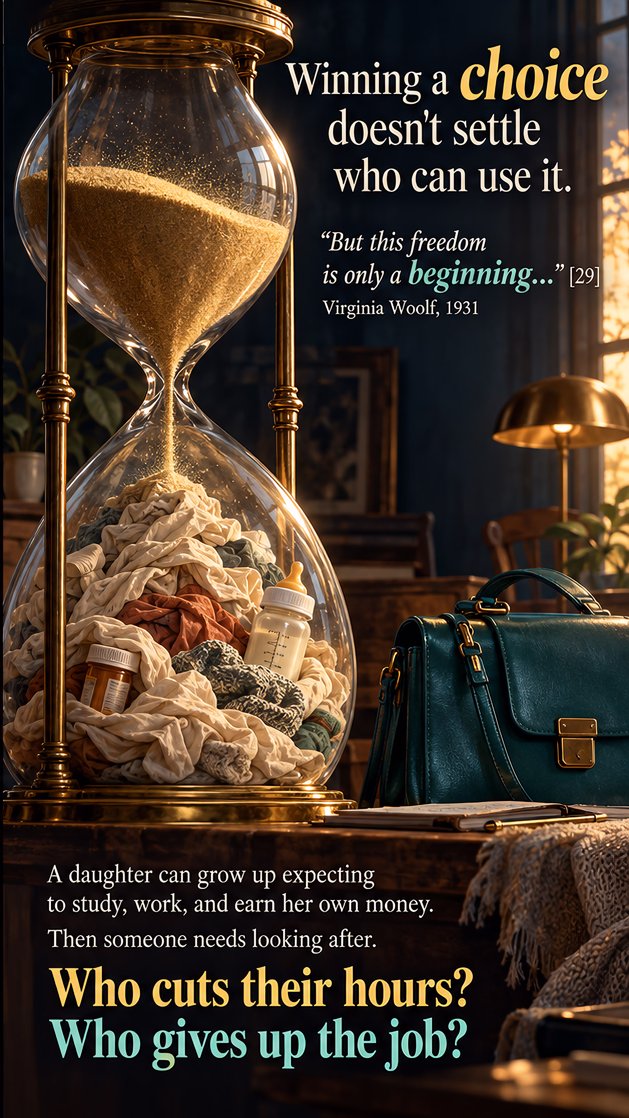 Petitions and papers form a steep path between rocks. Beside them, an hourglass filled with household burdens stands near a work bag, contrasting the fight for rights with the difficulty of using them.