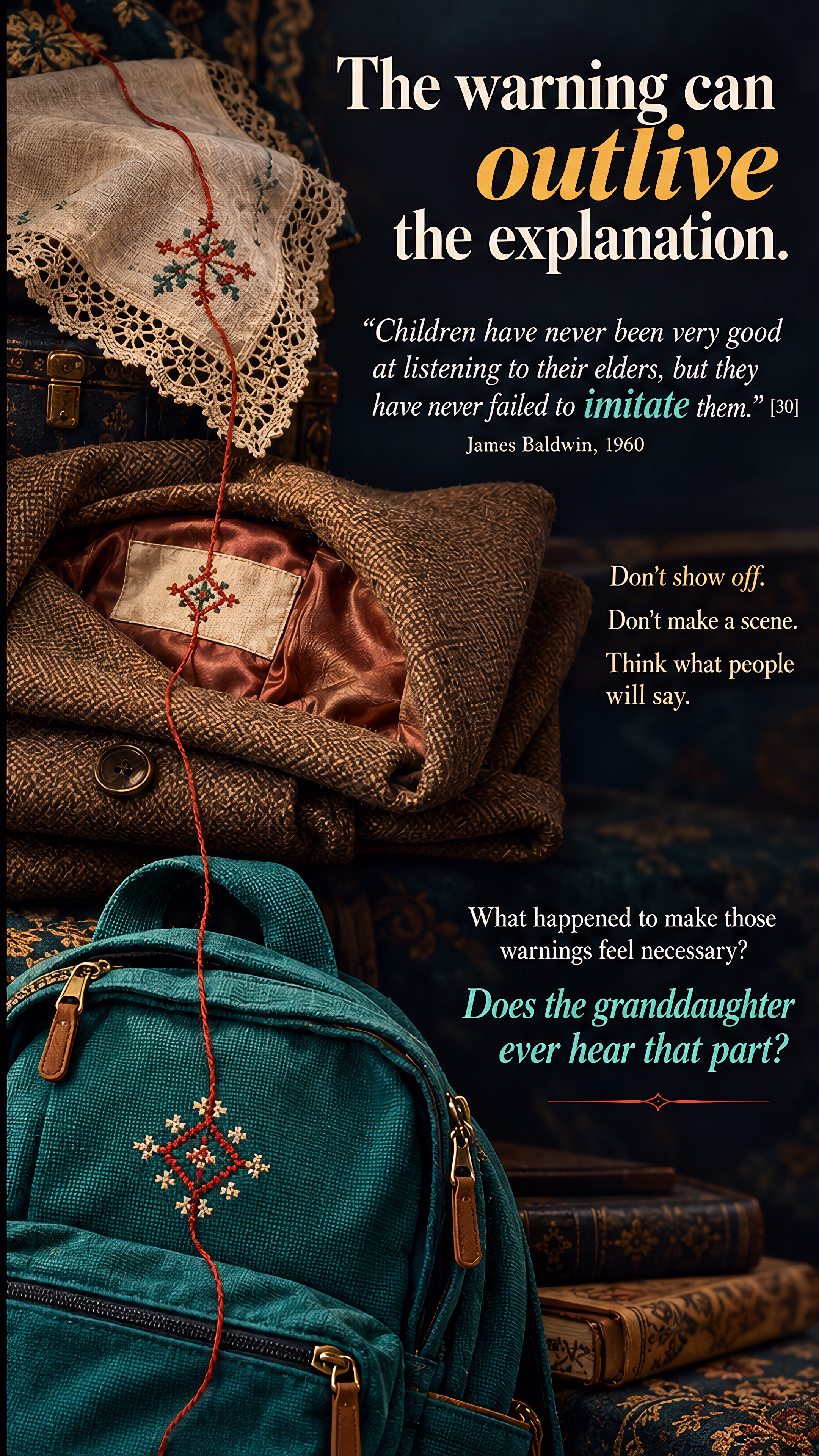 Red threads restrain a fountain pen beneath an embroidered sampler. In the adjoining scene, a red thread connects embroidery on old fabric, a coat, and a modern backpack, tracing warnings passed between generations.