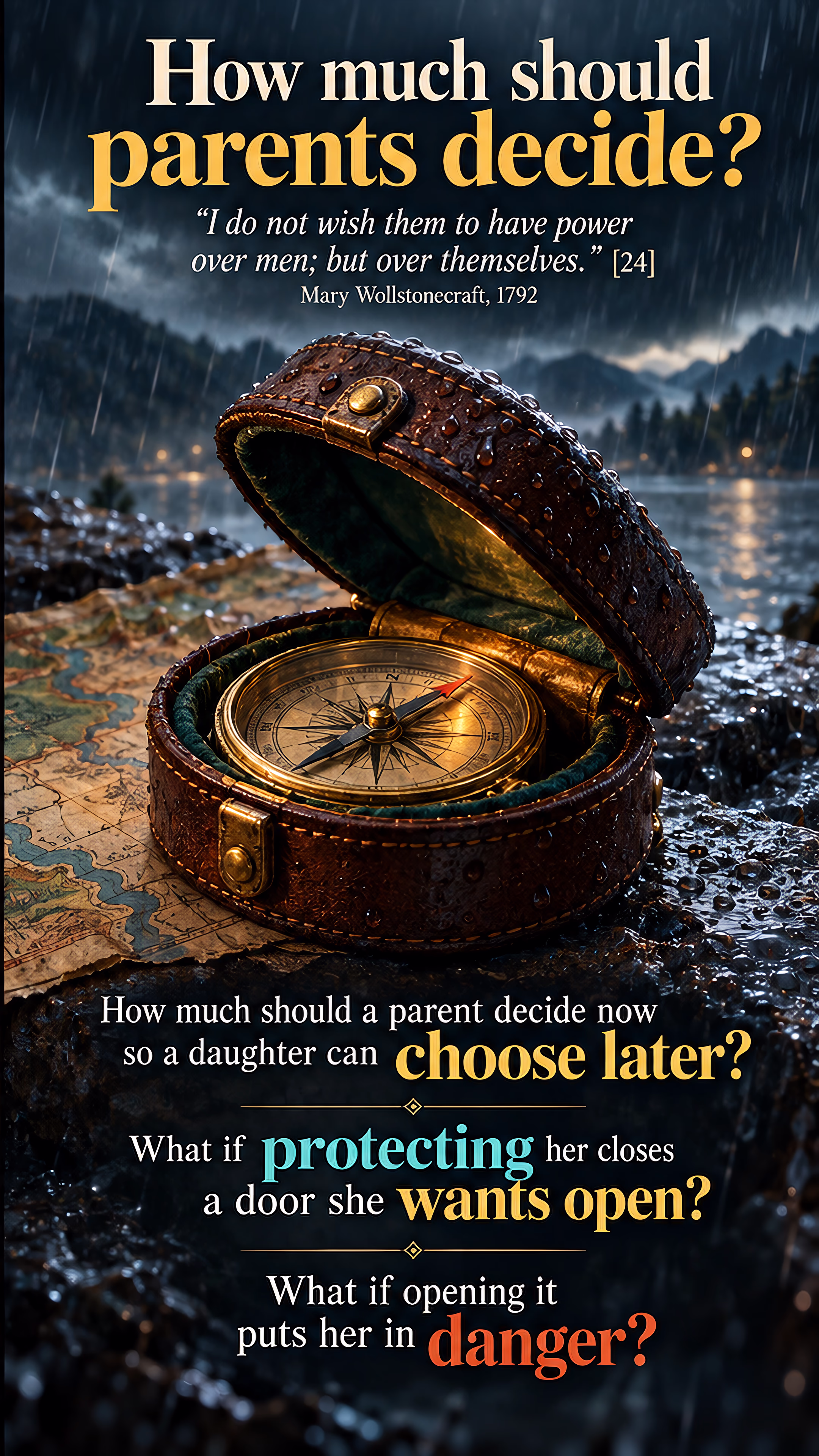 Magnets pull two compasses in opposing directions on an old map. Beside them, a compass sits in an open protective case in the rain, asking how much parents should control a daughter to protect her future freedom.