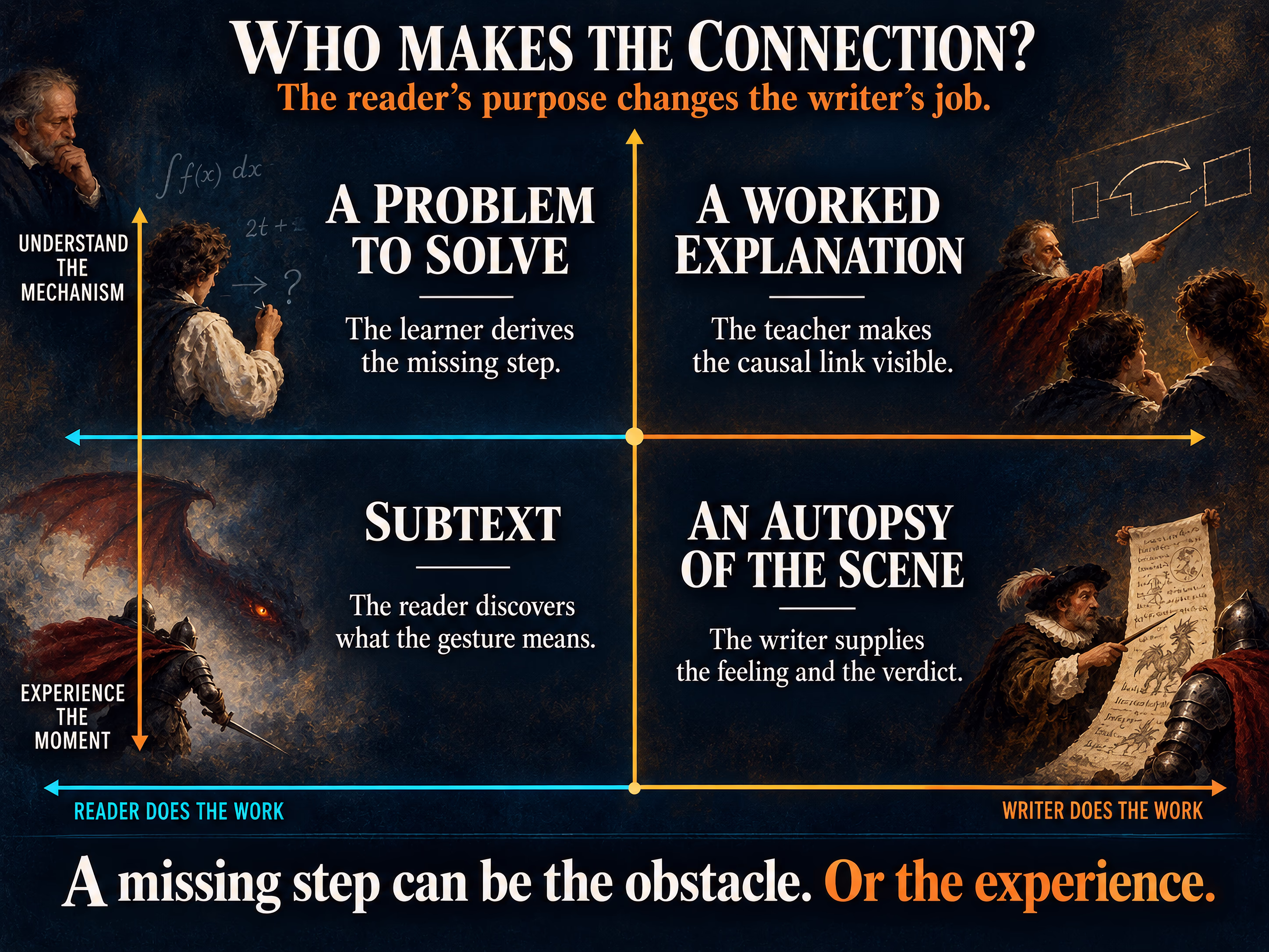 A four-quadrant graph asks whether the reader or writer makes a connection, and whether the reader came to understand a mechanism or experience a moment. Small oil-painted figures surround the graph.