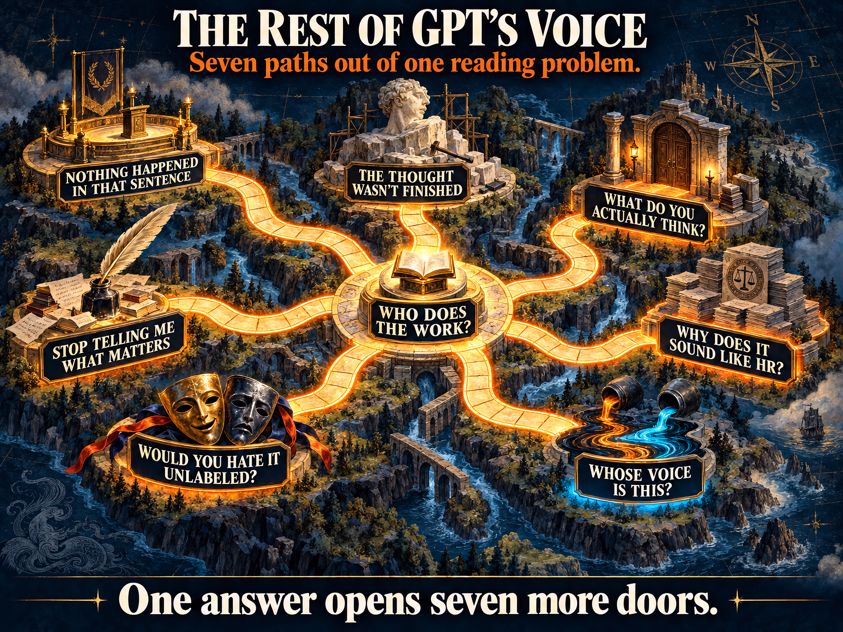 An isometric fantasy game board branches from “Who does the work?” along seven glowing paths to questions about GPT’s writing, stance, cultural influence, and the effect of an AI label.