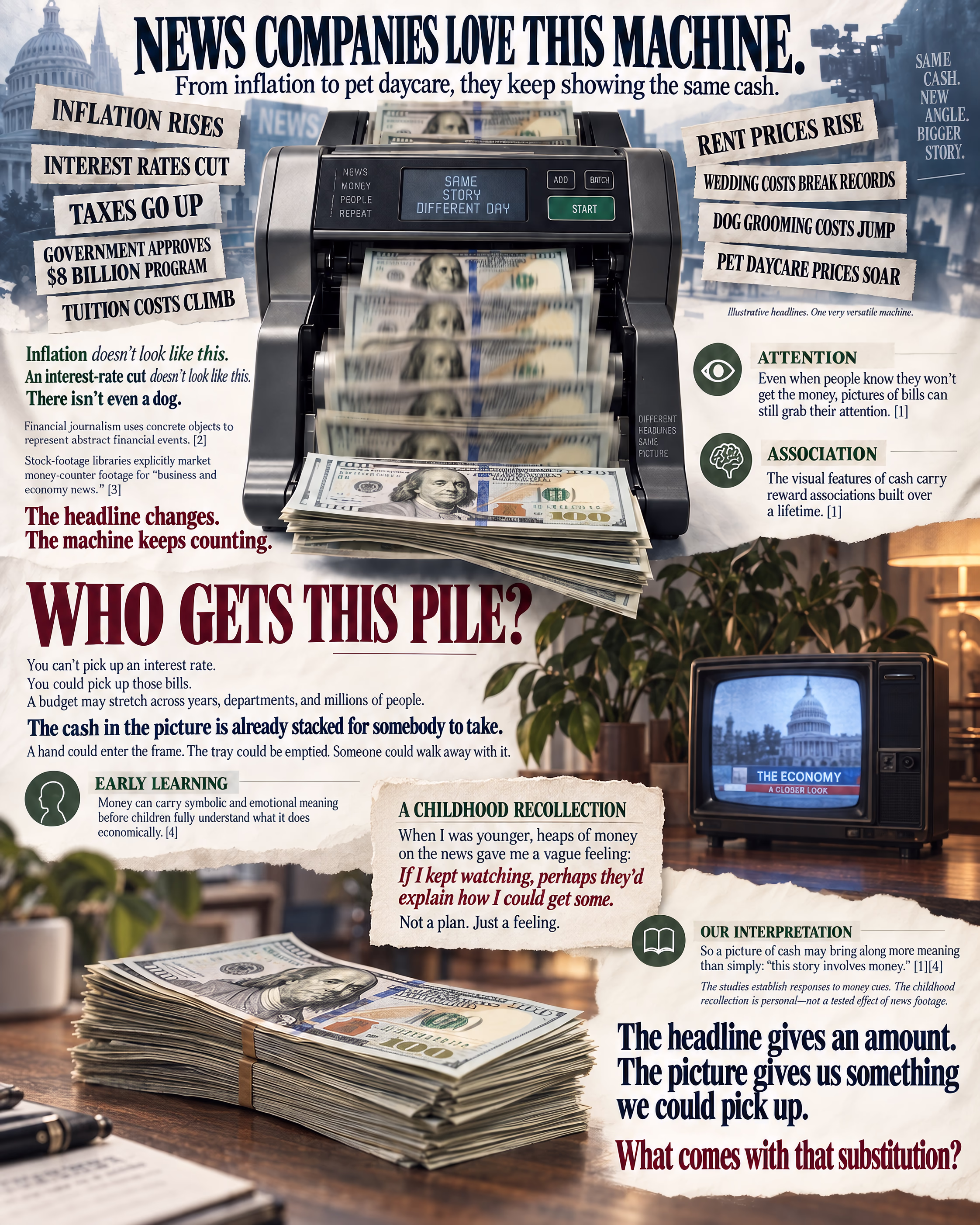 A money-counting machine is surrounded by illustrative headlines ranging from inflation to pet daycare. Research callouts and a small childhood recollection explore why literal cash may suggest something available to take, beyond an abstract financial amount.