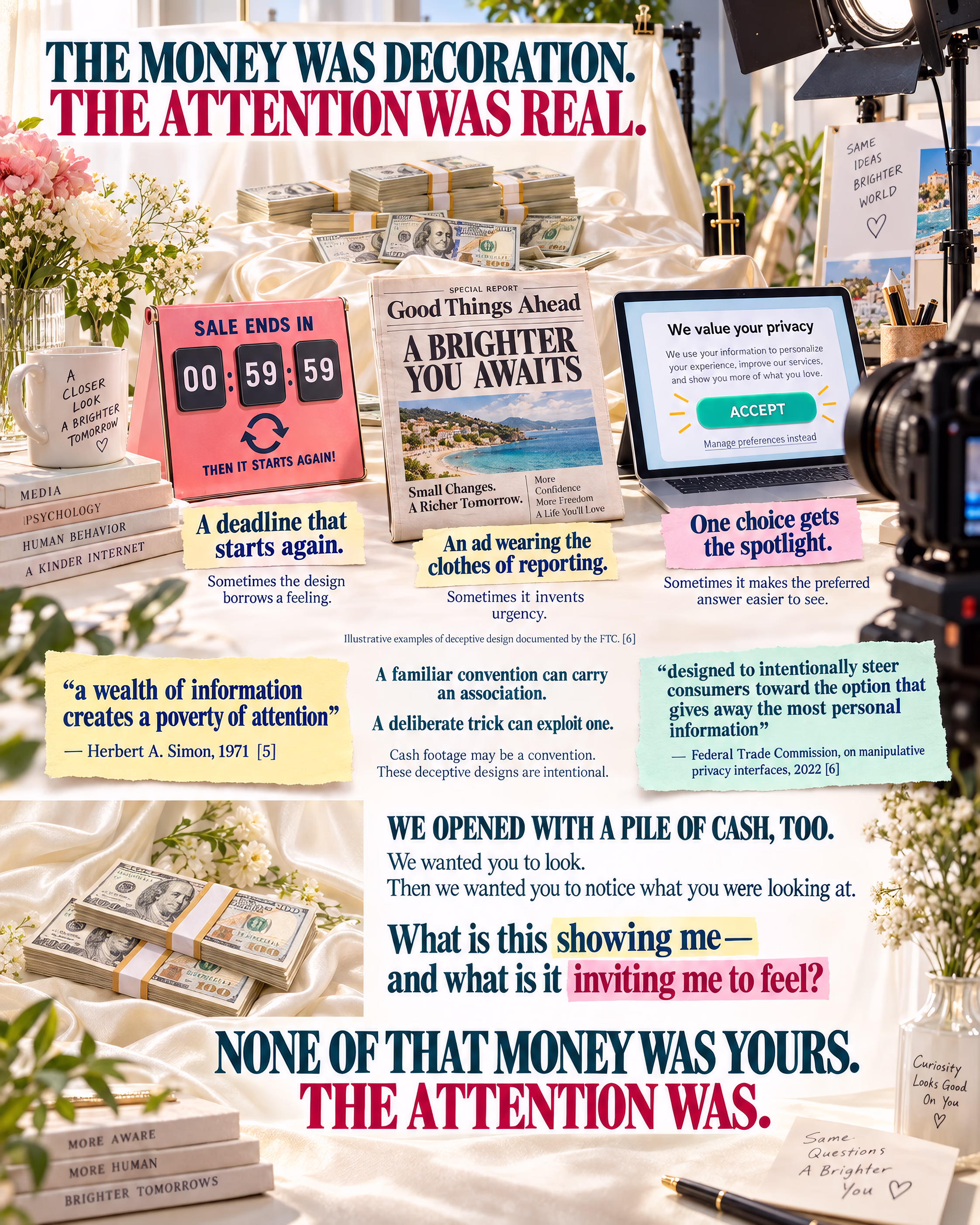 A bright photographic studio reveals cash arranged on satin alongside a resetting sale timer, a mock news advertisement, and a prominent privacy-consent button. The article acknowledges its own attention-grabbing cash display and concludes: “NONE OF THAT MONEY WAS YOURS. THE ATTENTION WAS.”