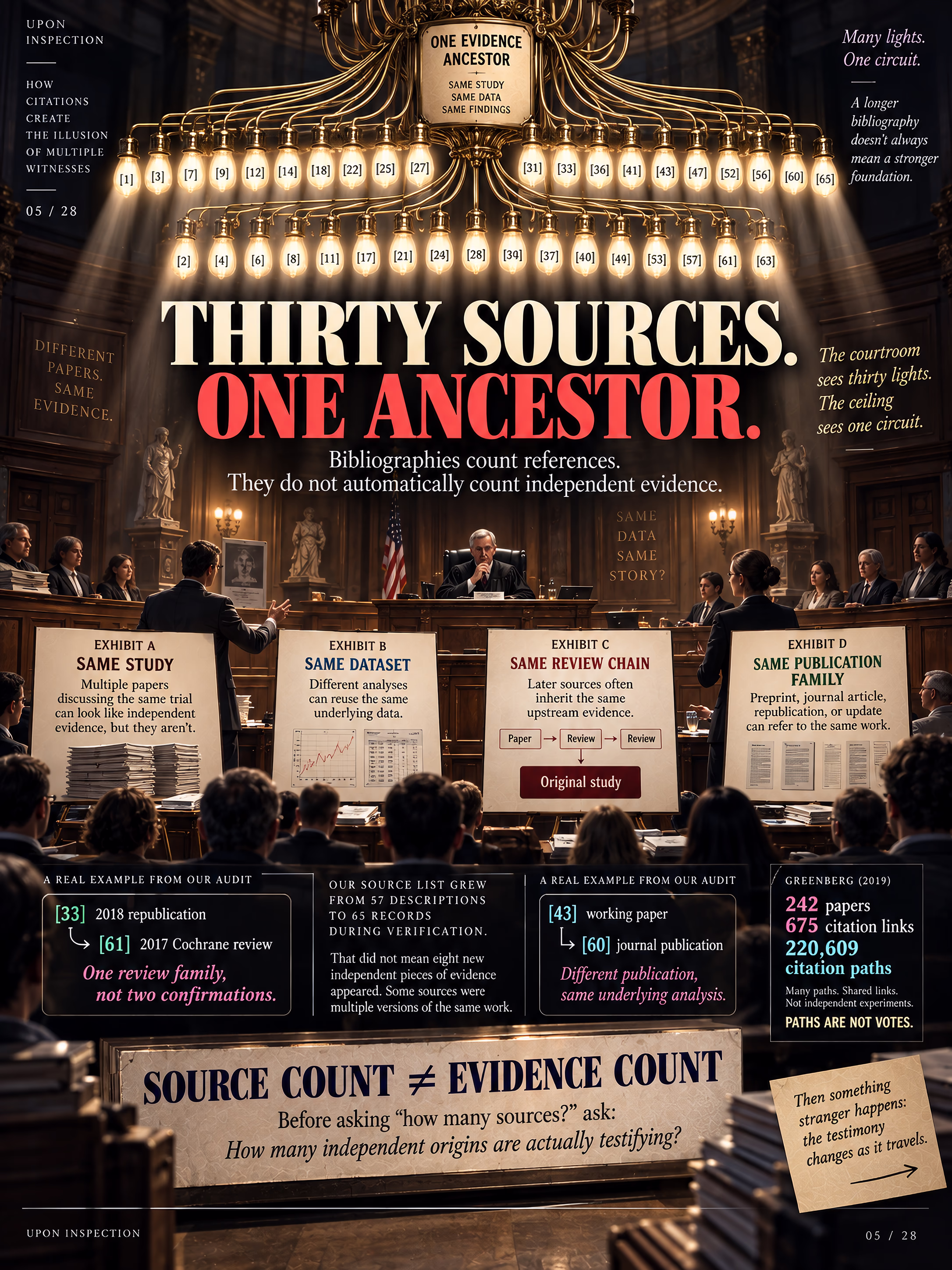 Infographic of a courtroom under a chandelier whose many citation bulbs trace back to one evidence source.