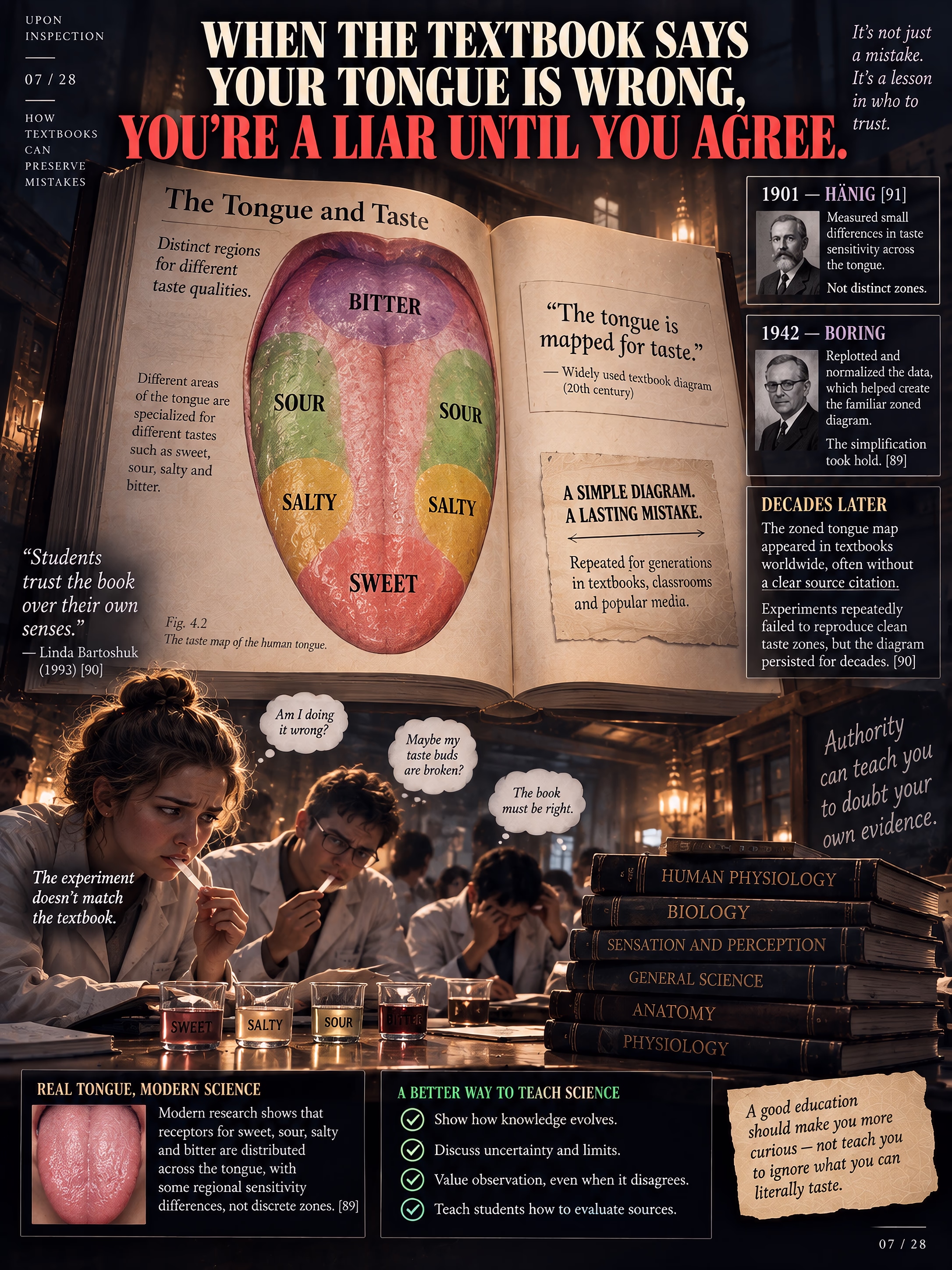 Infographic centered on a giant textbook tongue map, showing how a simplified scientific diagram persisted despite contradictory observation.