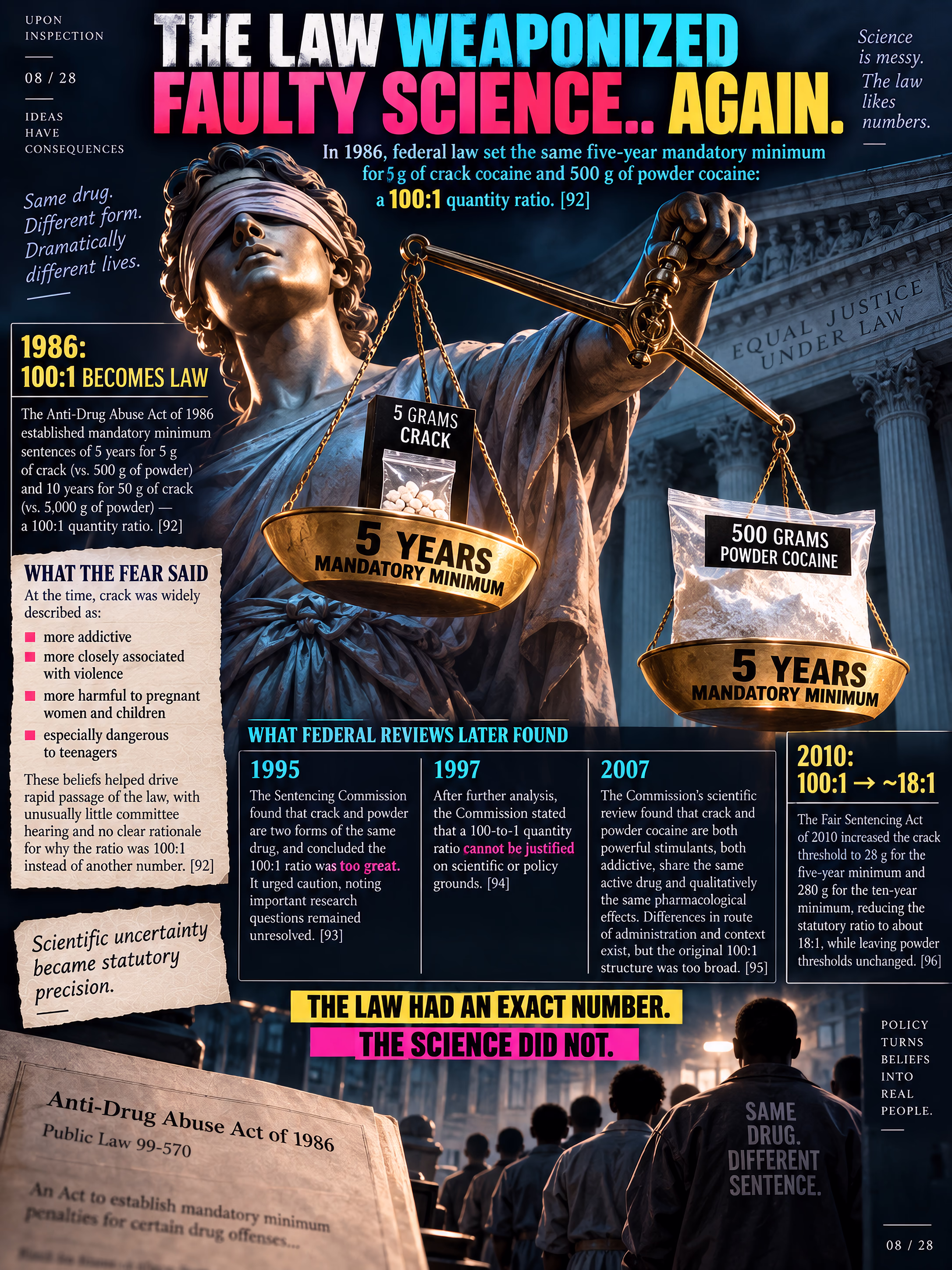 Infographic showing Lady Justice weighing 5 grams of crack cocaine against 500 grams of powder cocaine under the same mandatory sentence.