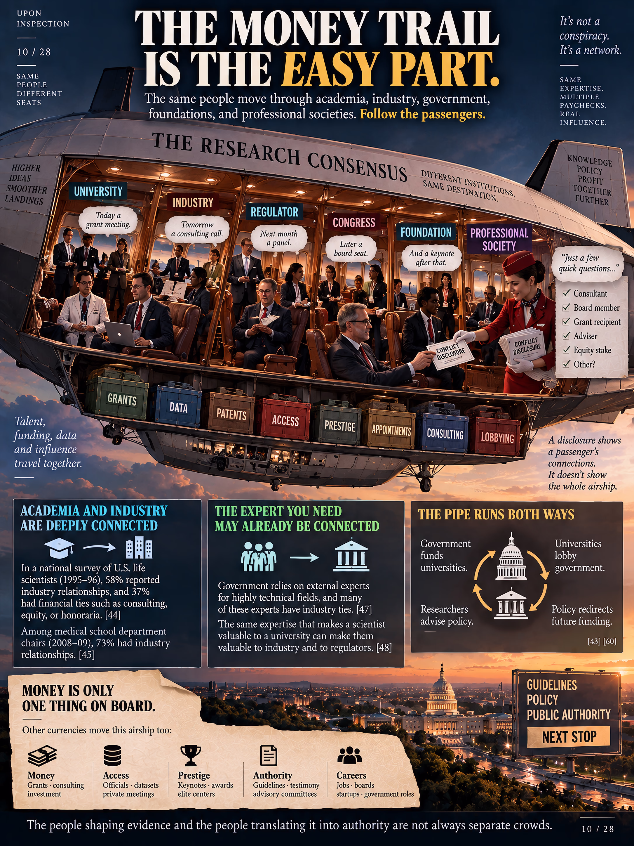 Infographic of a research-policy blimp carrying academics, industry, regulators, lawmakers, foundations, and professional societies in the same vehicle.
