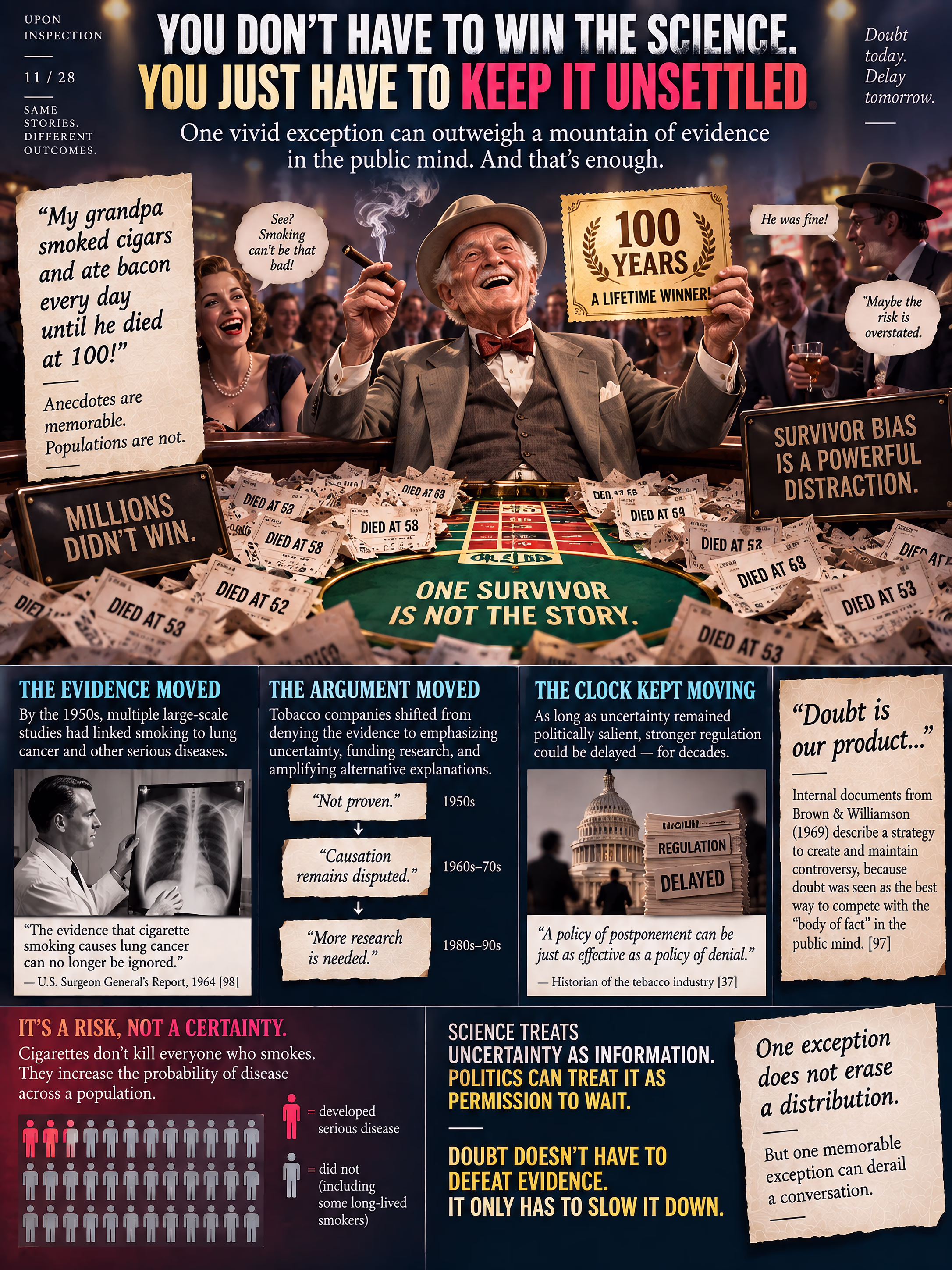 Infographic using a jubilant 100-year-old smoker as a lottery-winner metaphor for survivorship bias and manufactured scientific doubt.