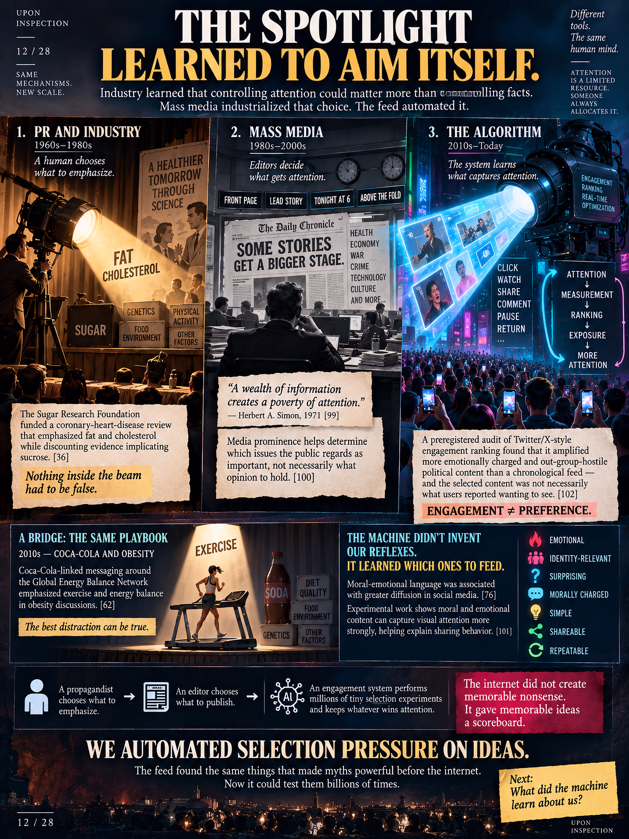 Infographic showing the evolution from human-controlled PR spotlights to mass-media agenda setting and finally self-aiming algorithmic attention systems.