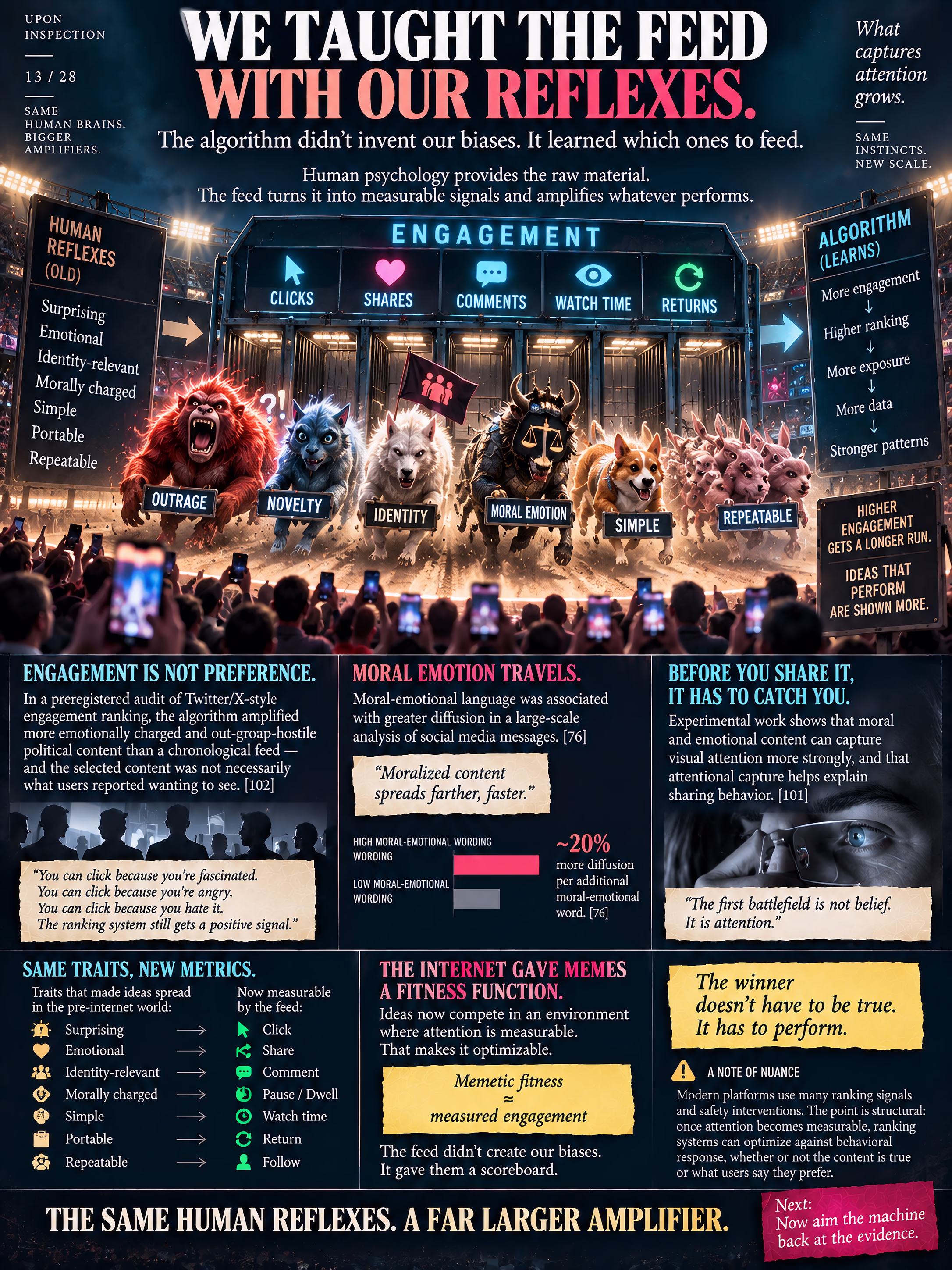 Infographic depicting ideas as racing creatures in an engagement arena where algorithms select traits that generate clicks, shares, comments, and watch time.