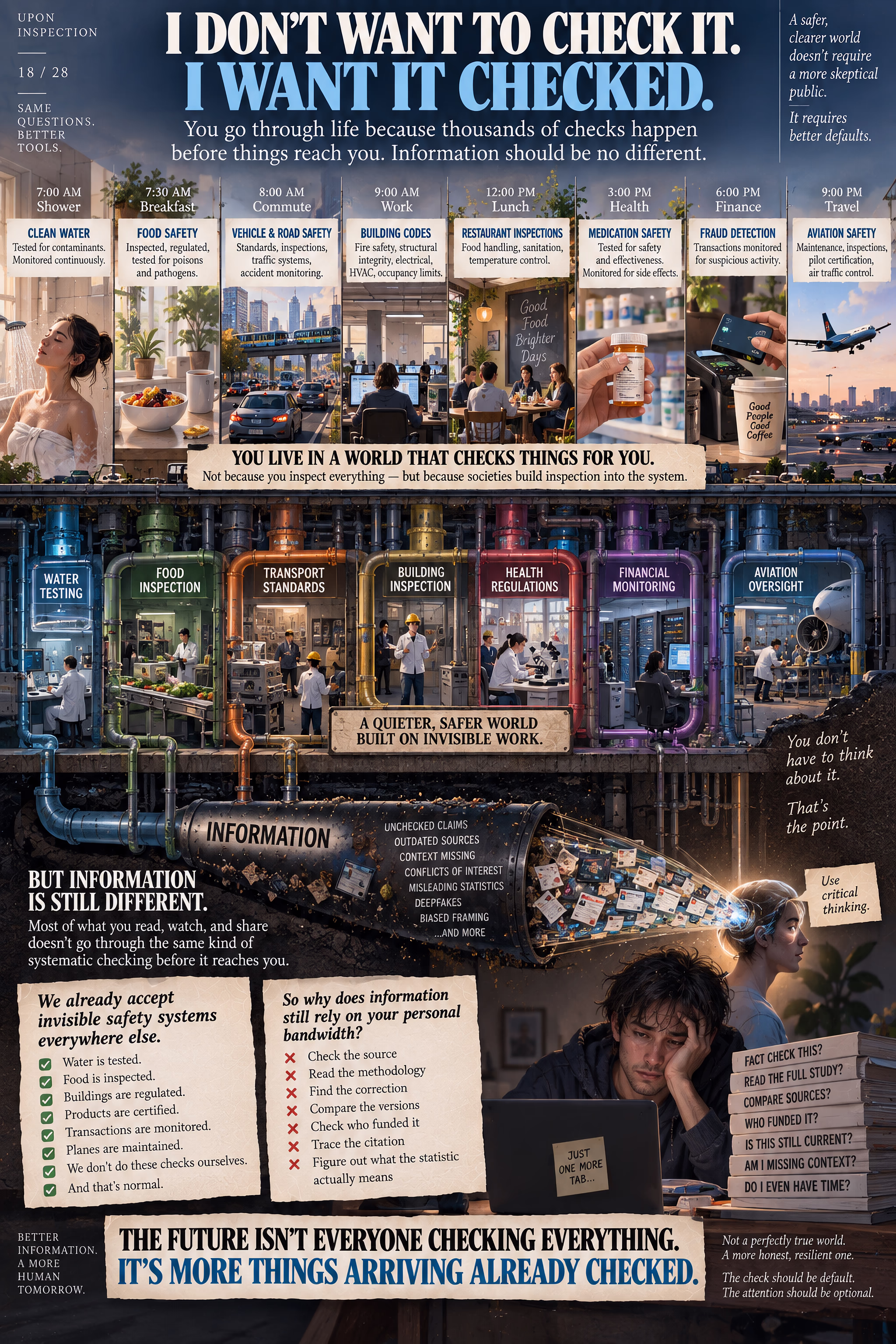 Infographic comparing everyday safety inspections with the largely uninspected flow of information into an exhausted person’s life.