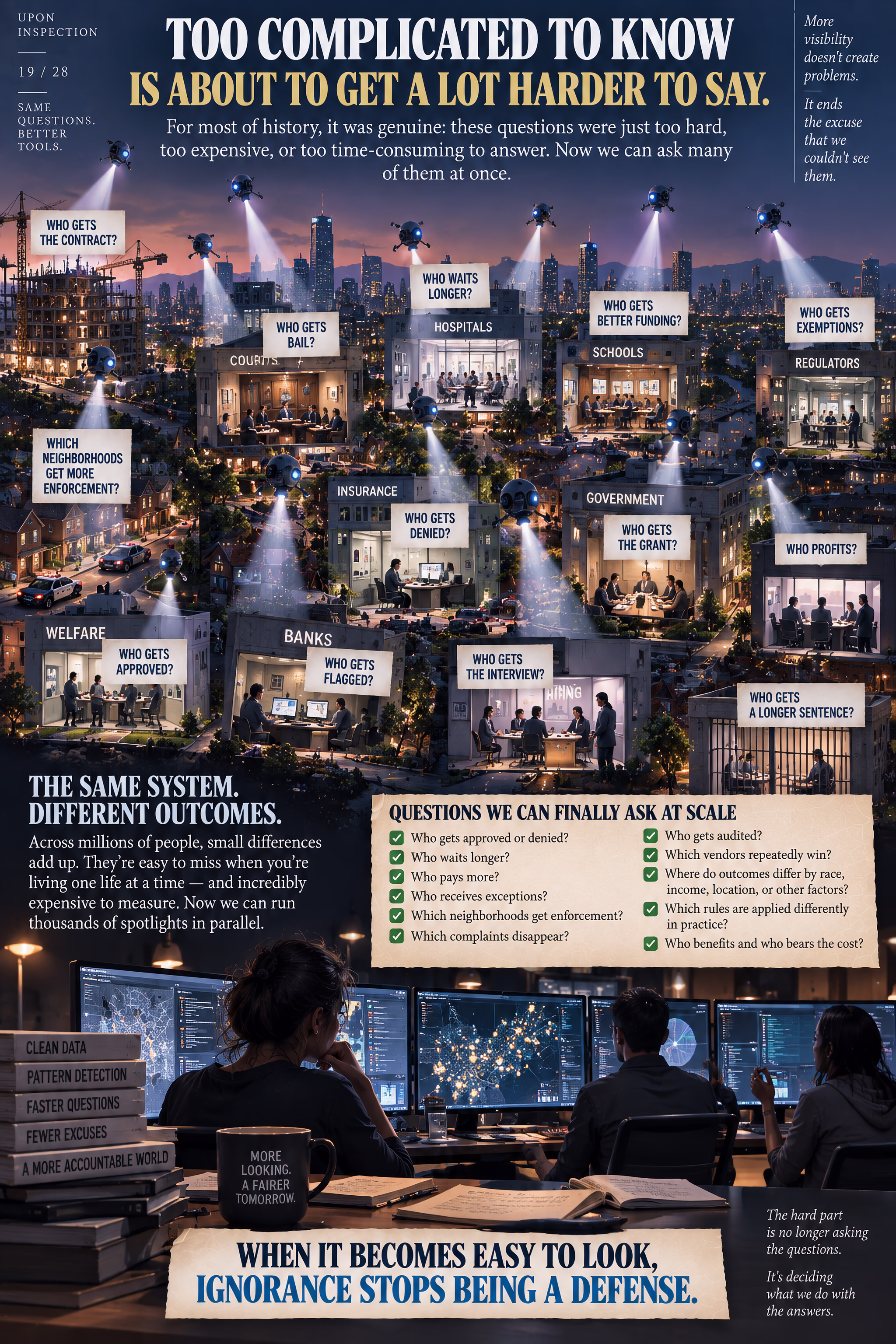 Infographic showing many analytical spotlights scanning courts, hospitals, schools, banks, insurers, regulators, and public agencies across a city.