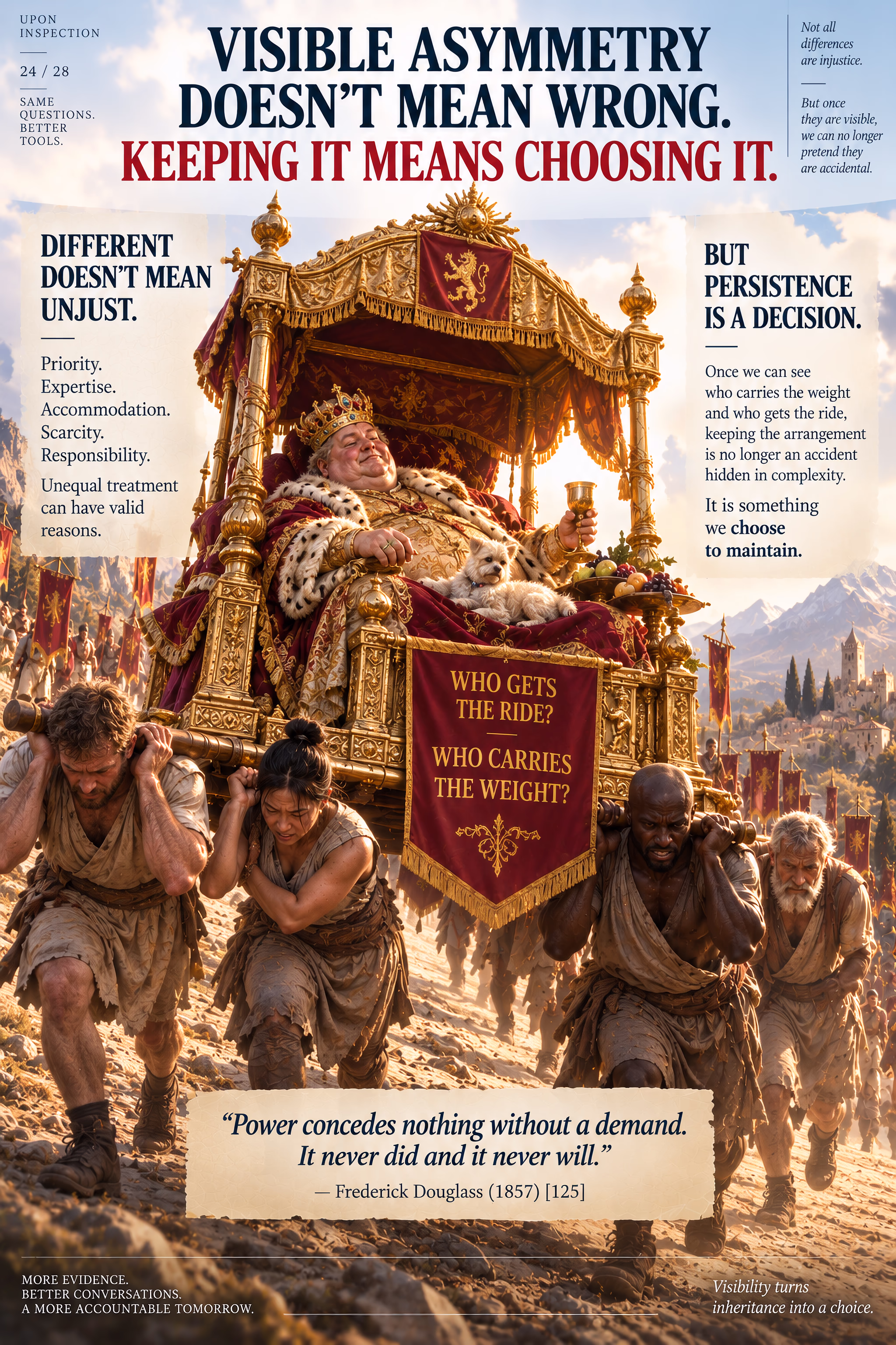 Infographic showing a lavishly golden monarch carried uphill by four exhausted people, illustrating visible asymmetry as an arrangement society can choose to preserve or change.