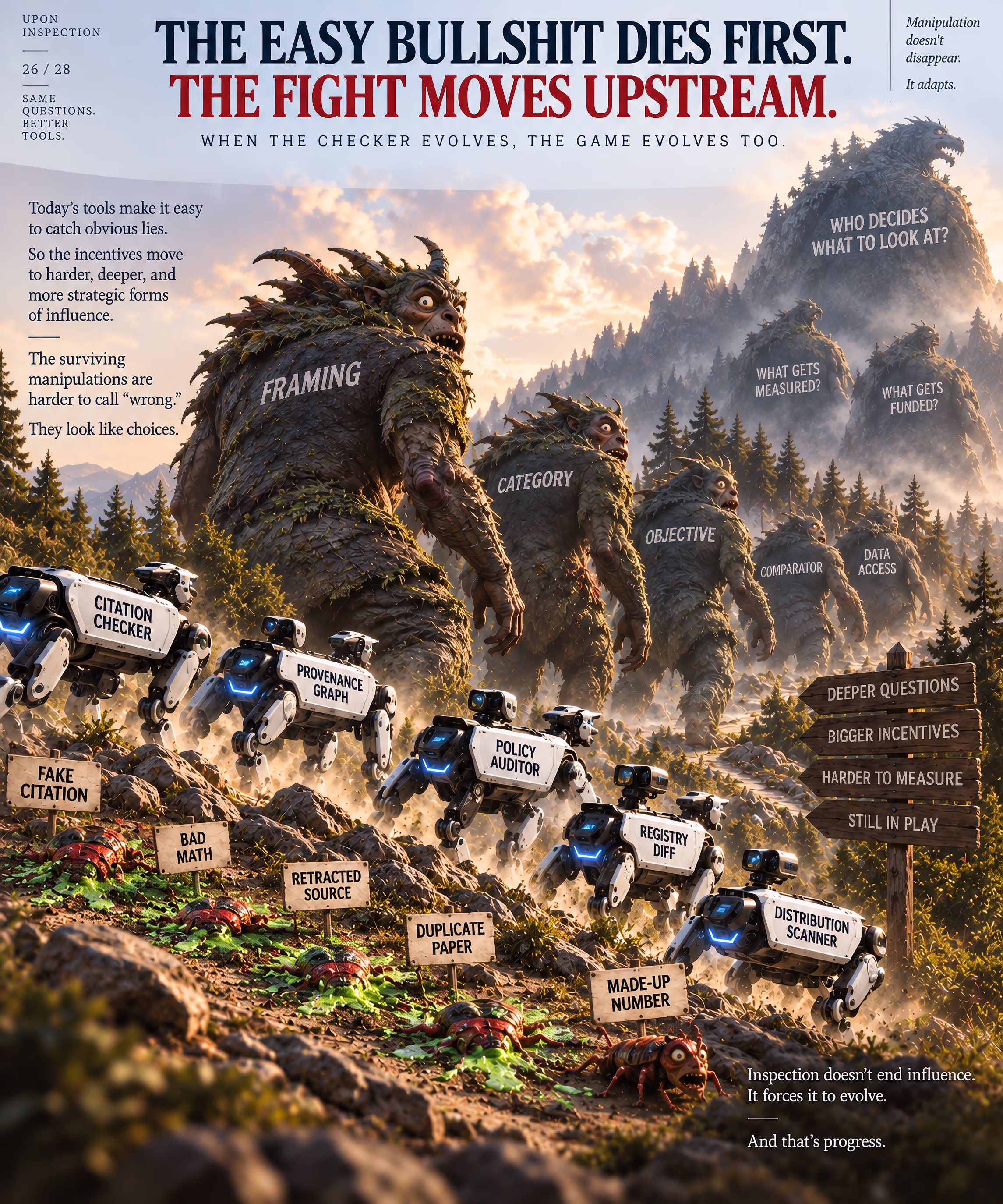 Infographic showing inspection robots crushing obvious errors while larger, more strategic manipulation monsters retreat nervously upstream.