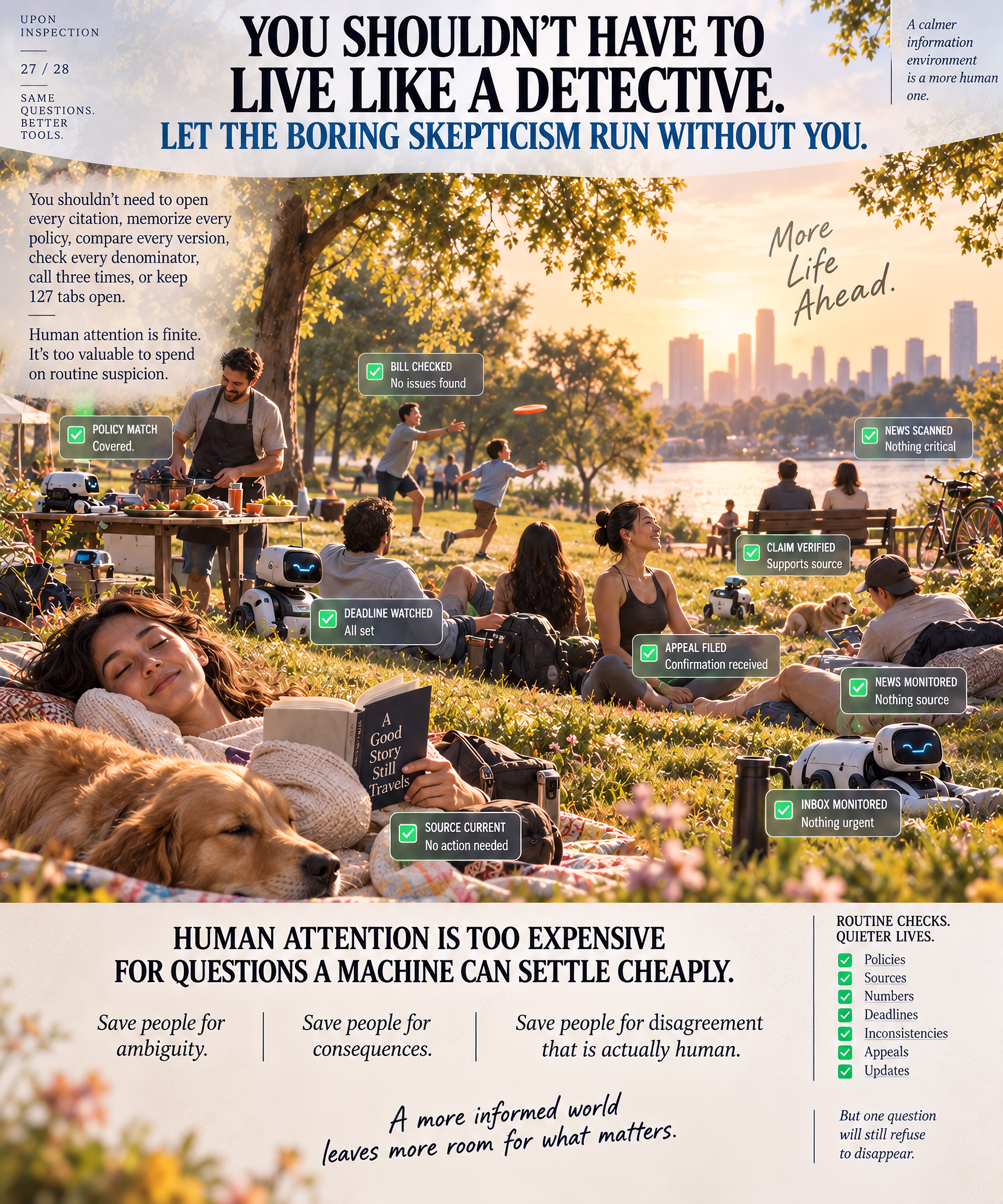 Warm, peaceful infographic of people relaxing in a park while small agents quietly handle routine checks in the background.