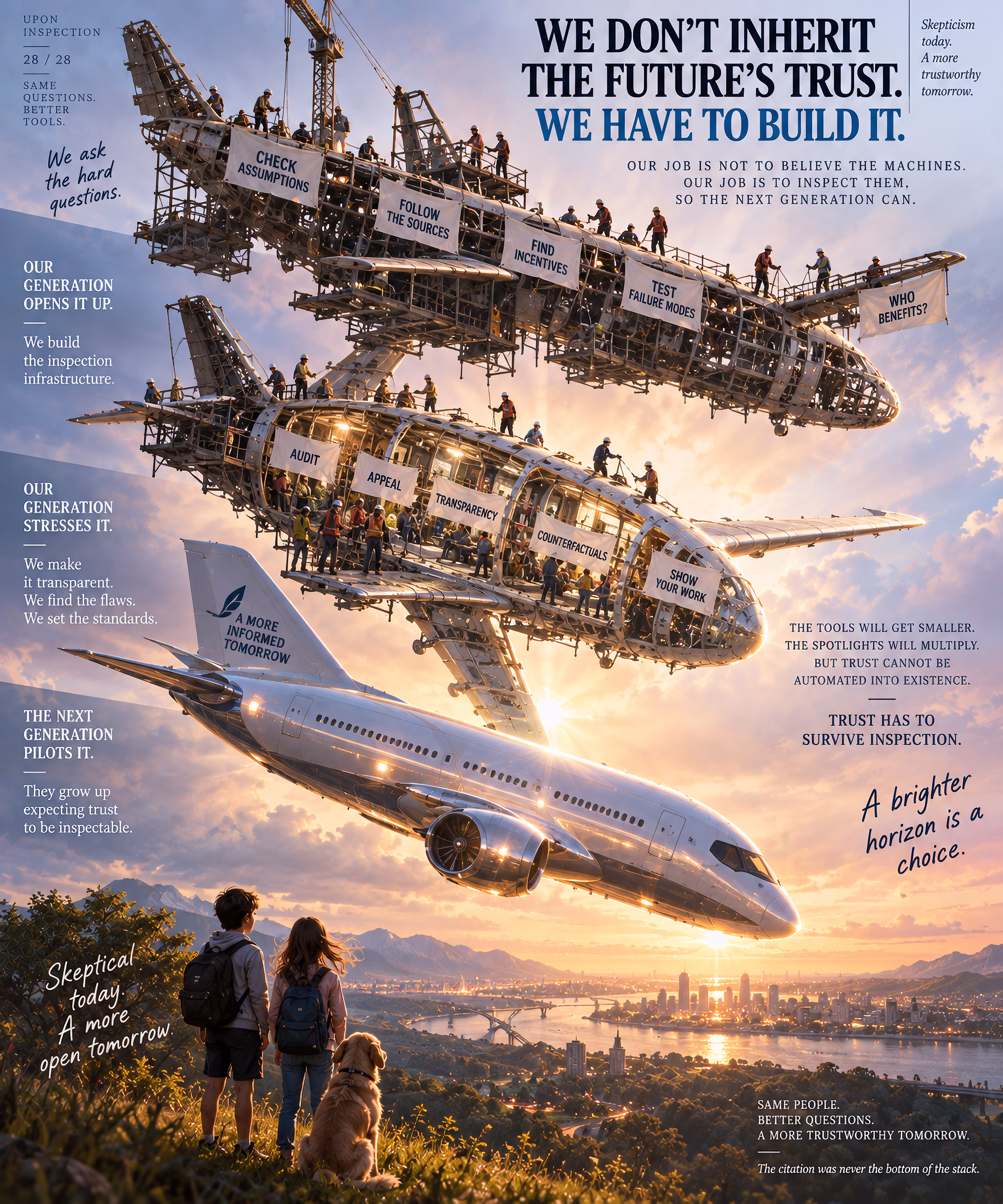 Final infographic showing a future aircraft being built and tested across generations, moving from exposed framework to polished flight over a bright horizon.