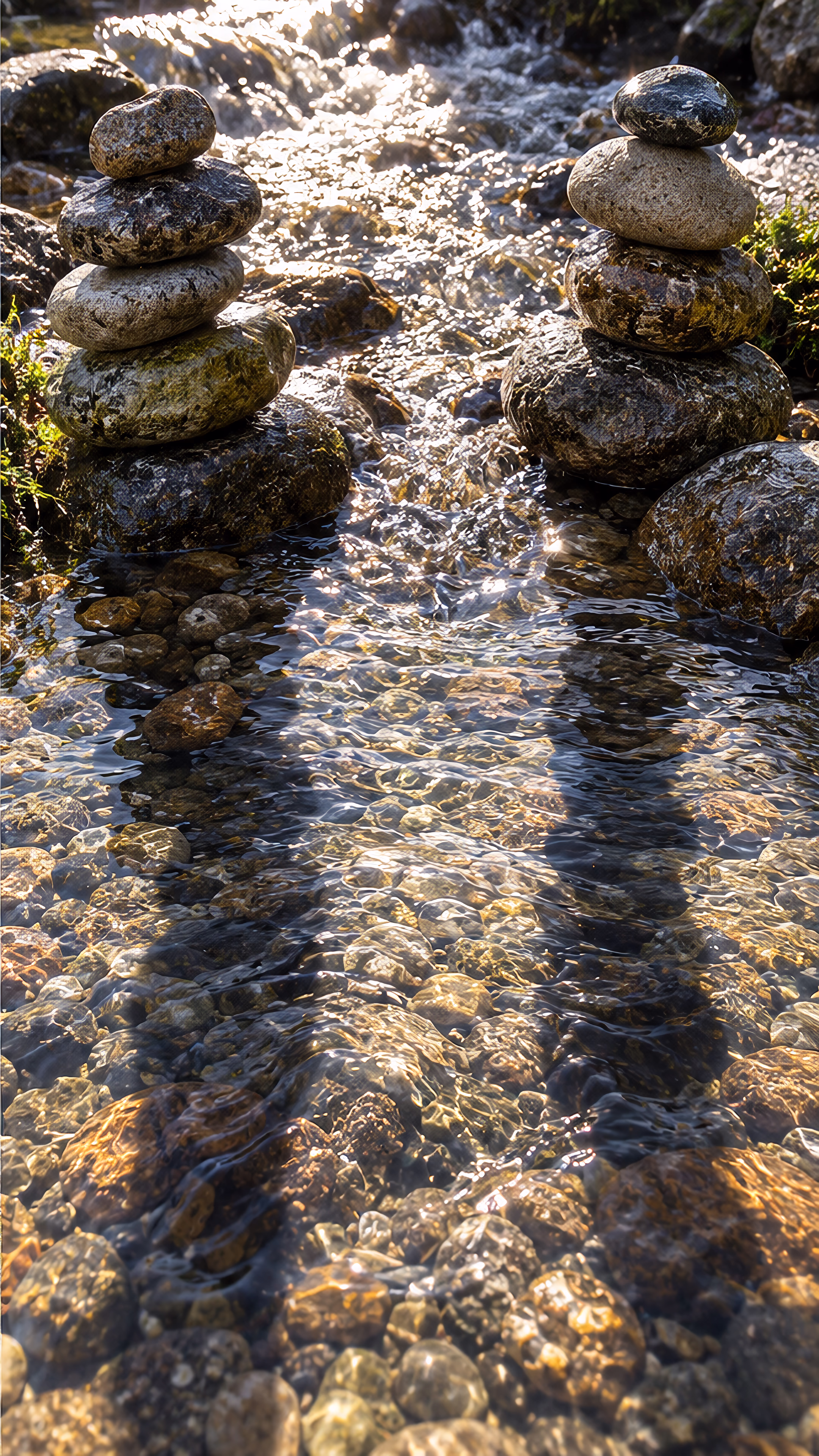 Two Sages: a mountain waterfall beside two stone cairns casting long shadows through a sunlit stream.