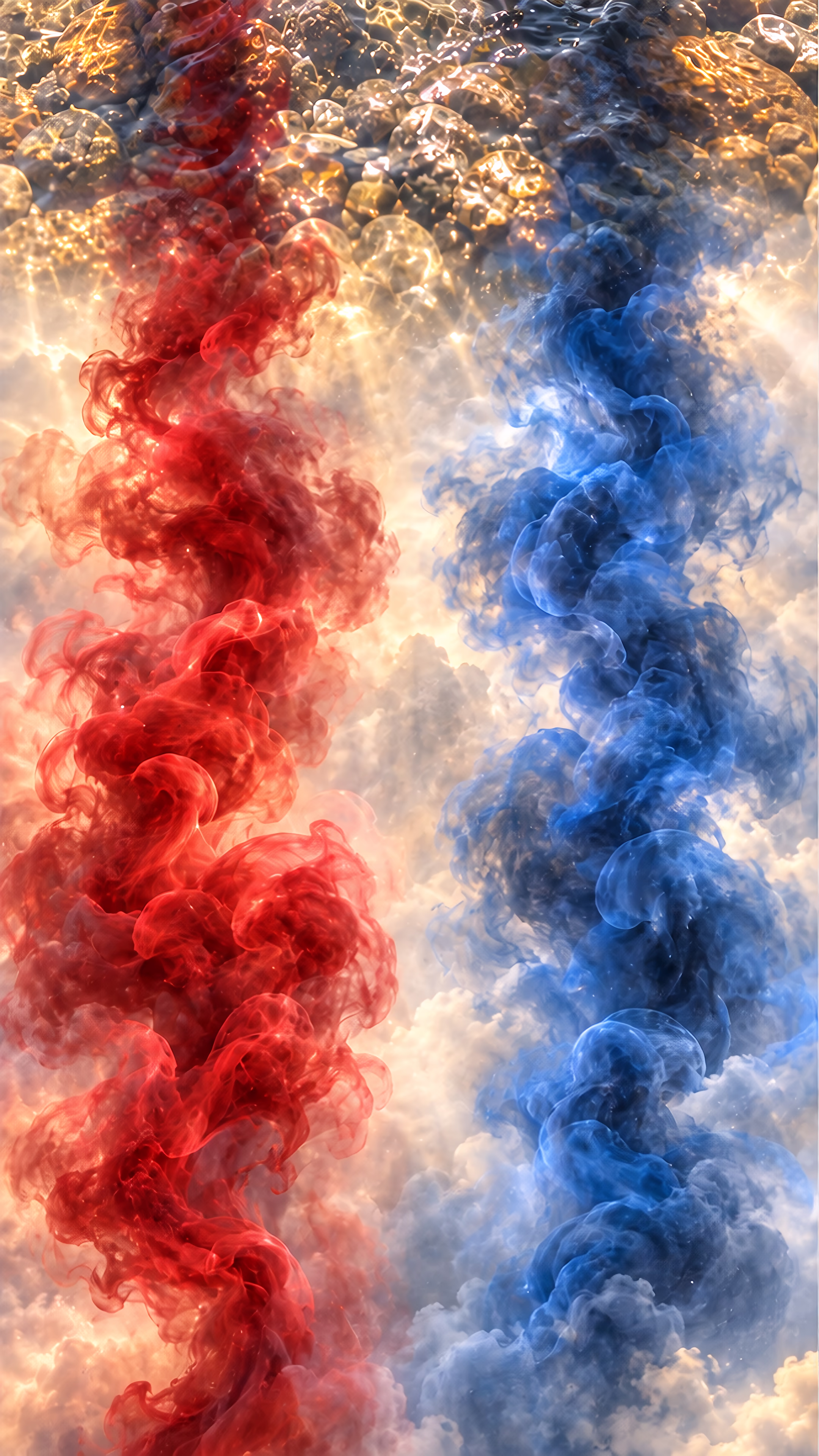 Red and blue smoke emerge from a stream and become two separate Chinese-style dragons above misty mountains.
