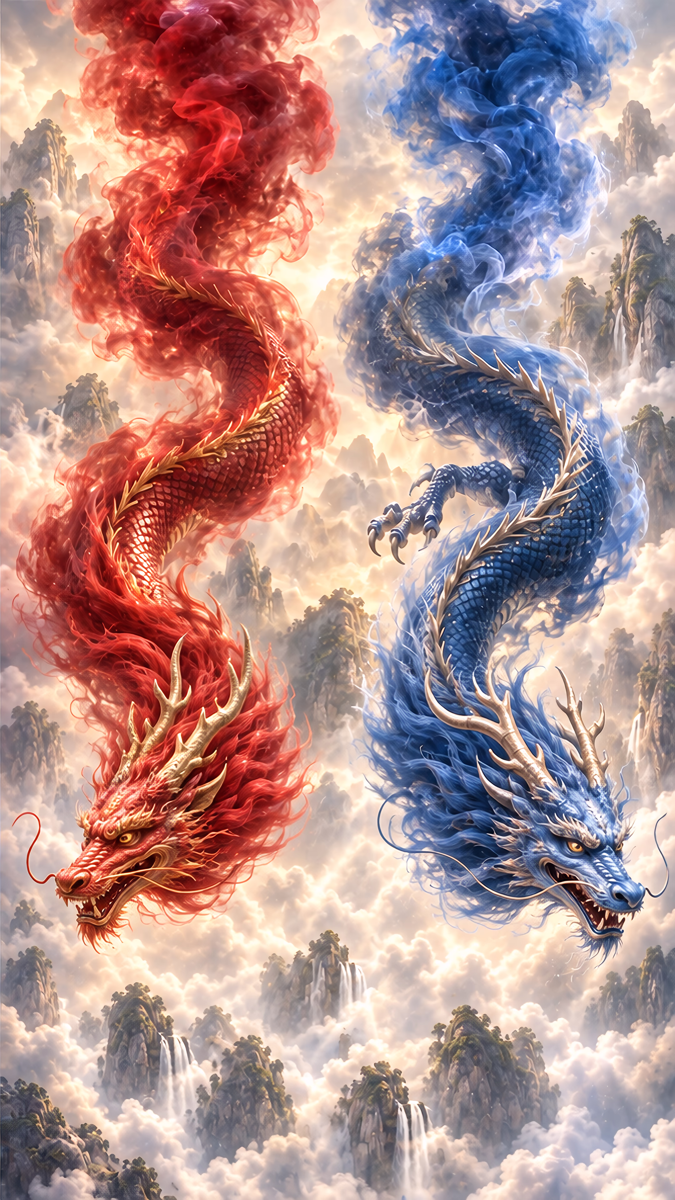 Red and blue smoke emerge from a stream and become two separate Chinese-style dragons above misty mountains.