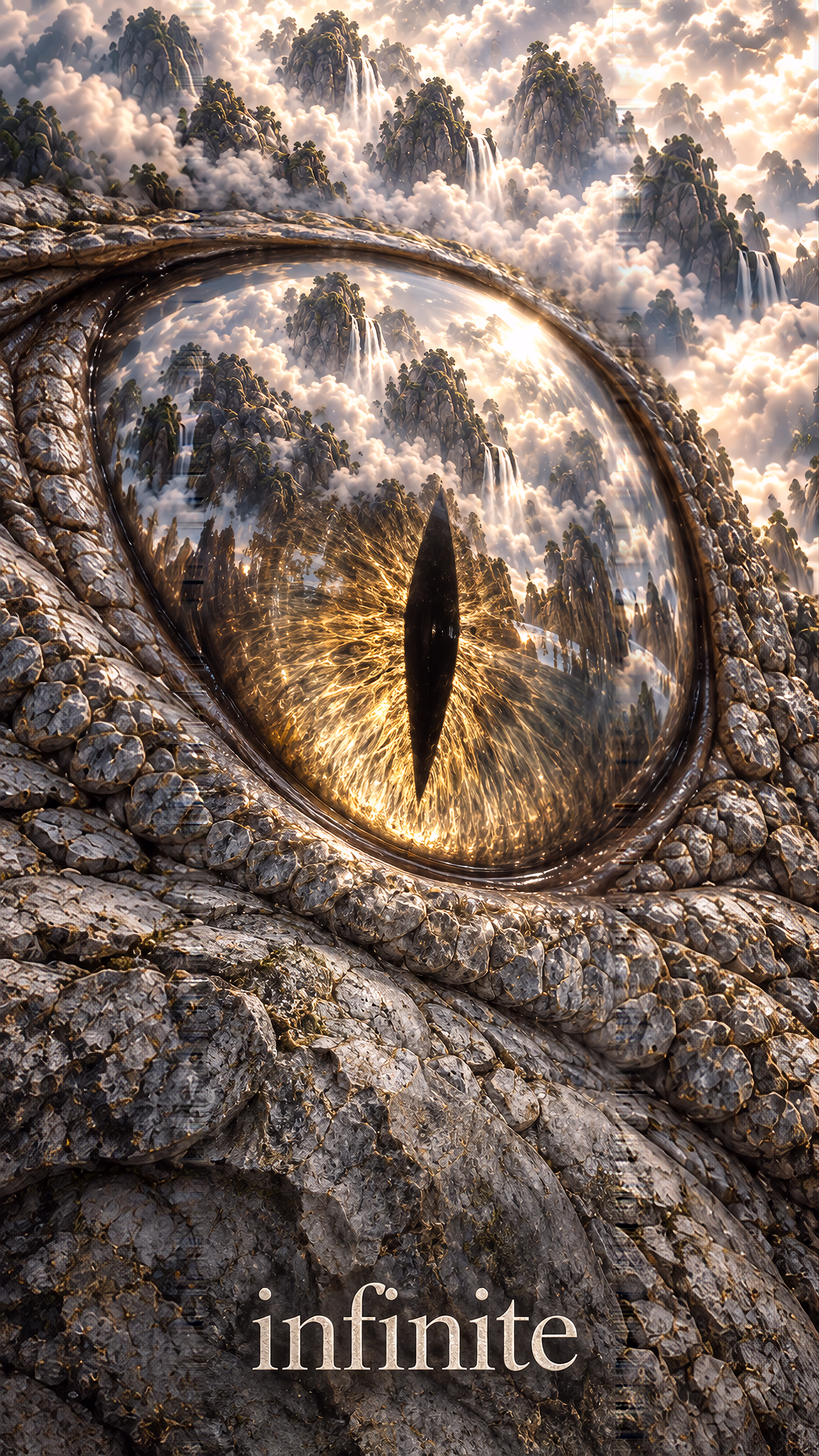 “Infinite wisdom”: mountains reflected in a golden dragon eye beside an upside-down stone bust fading into darkness.