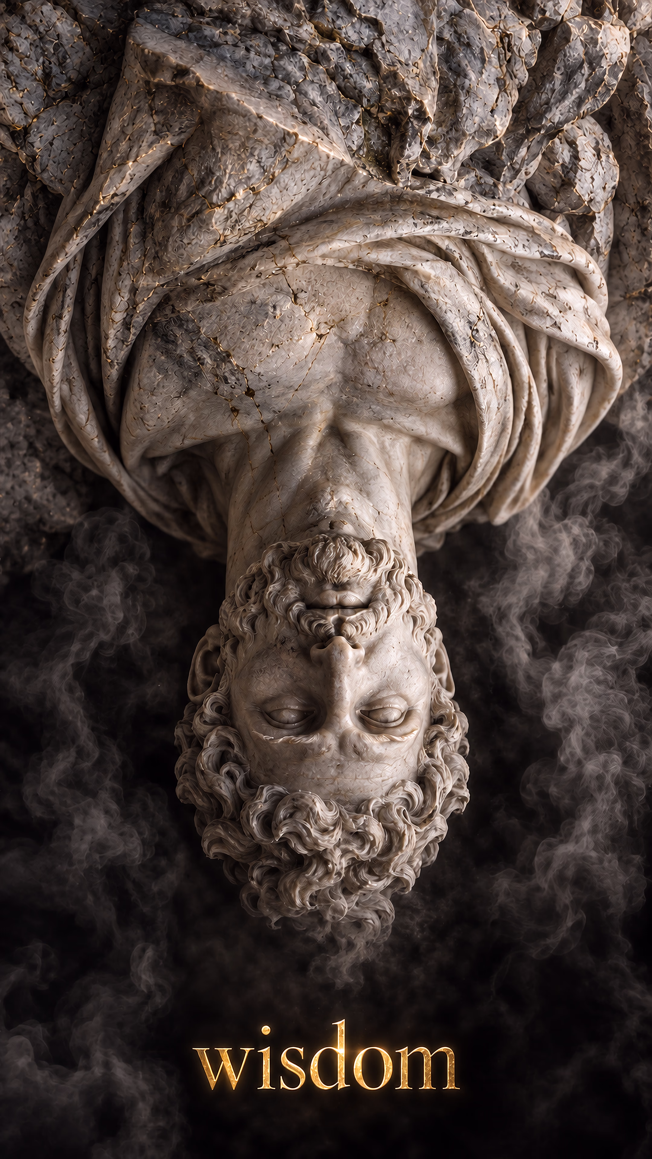 “Infinite wisdom”: mountains reflected in a golden dragon eye beside an upside-down stone bust fading into darkness.