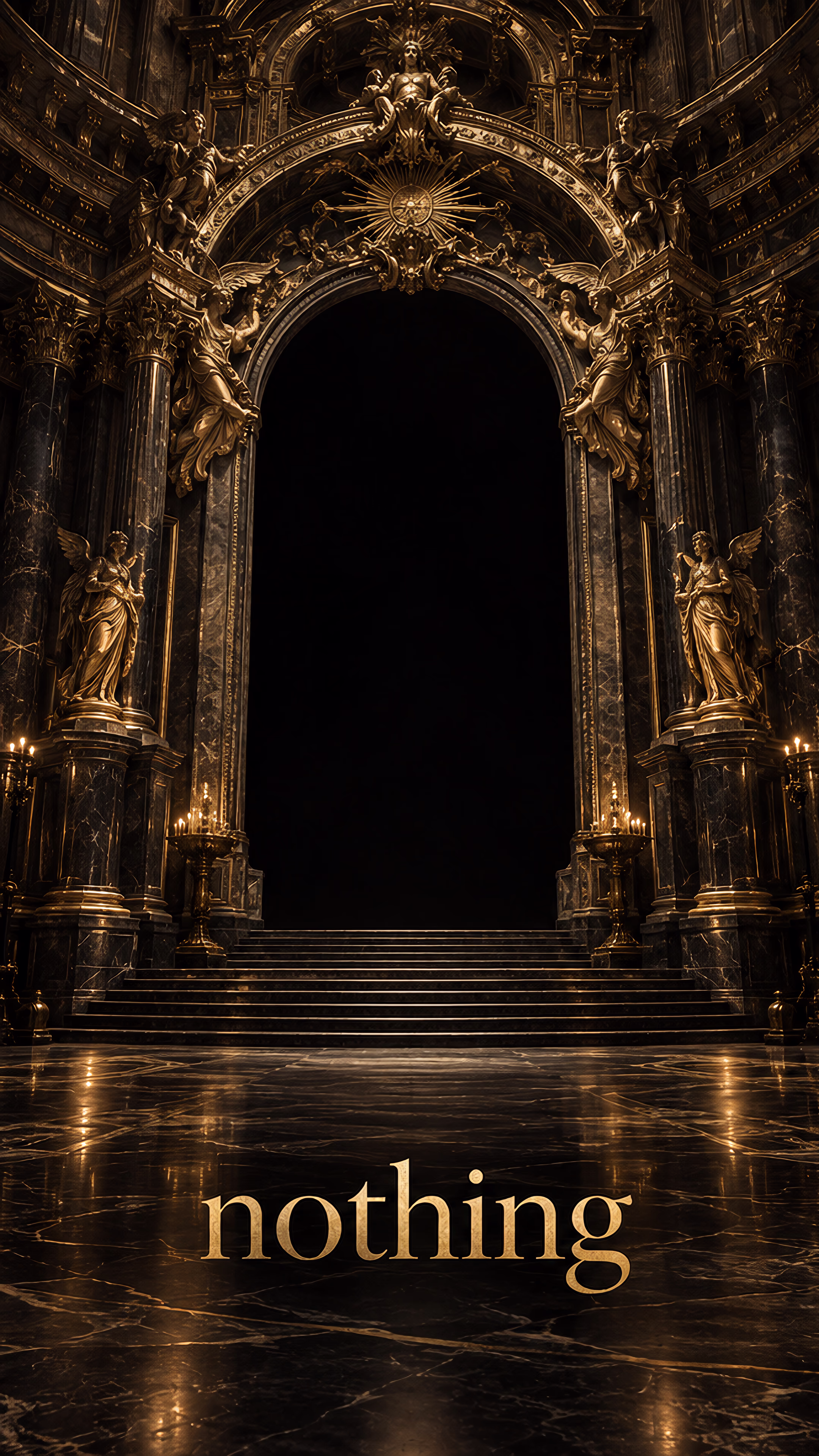 An ornate golden doorway opens onto blackness beside an extreme close-up of a man’s closed mouth. The word “nothing” appears below the doorway.