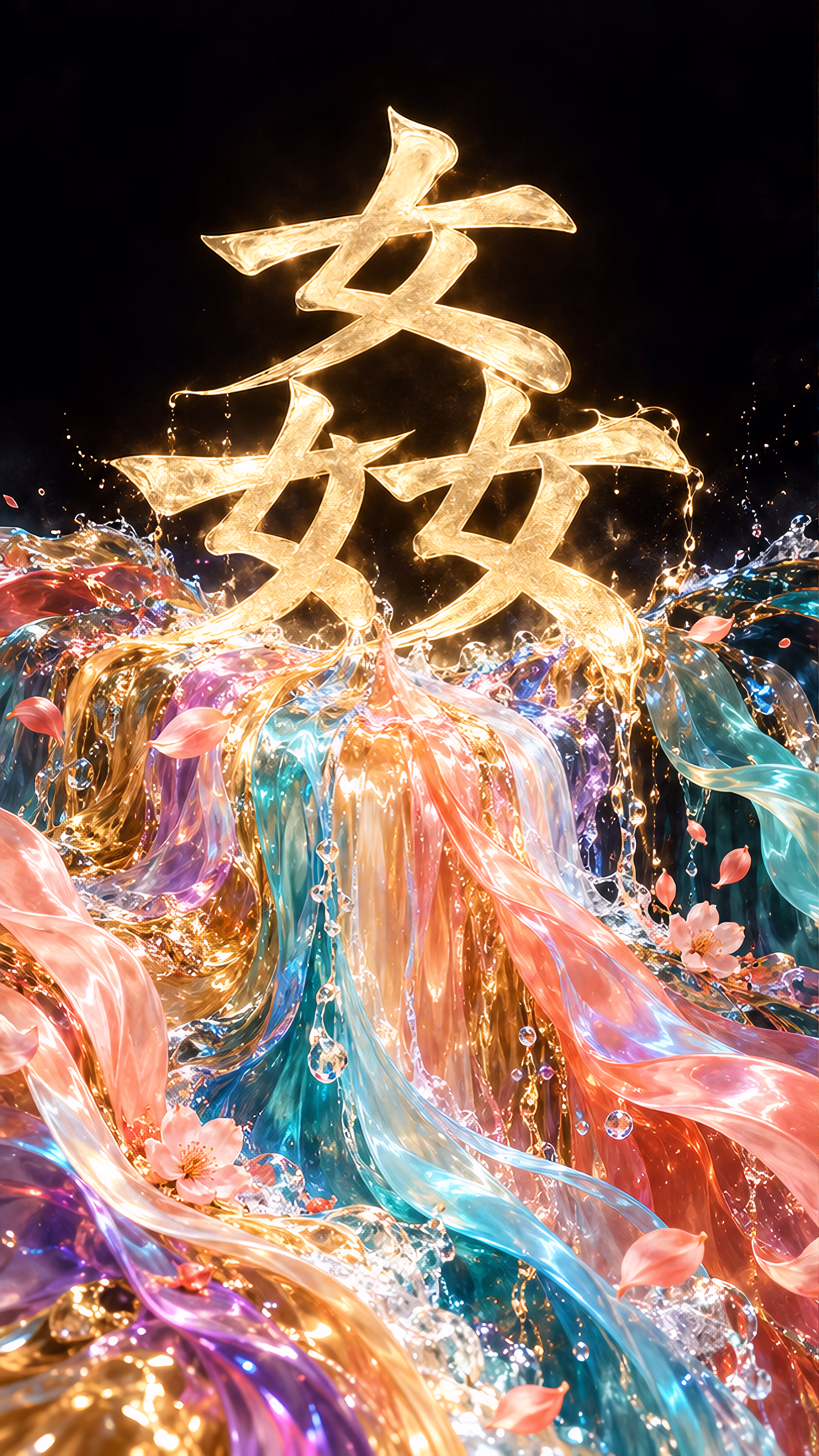Gold Japanese characters pour into colorful liquid; an illustrated essay contrasts women’s “chatter” with the grandeur bestowed on silent men.