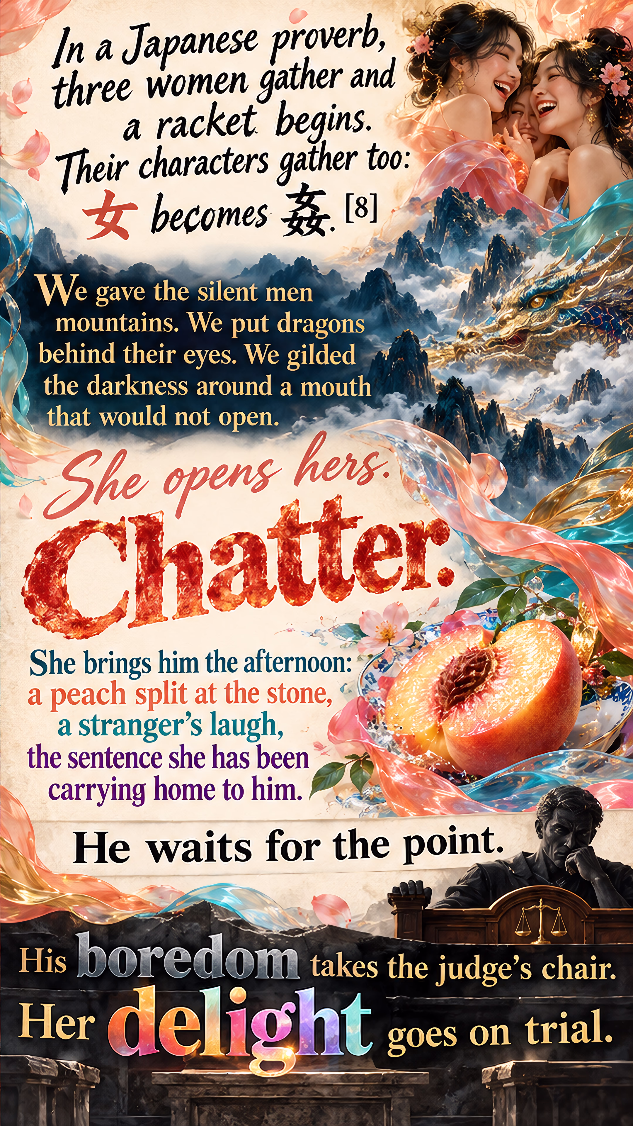 Gold Japanese characters pour into colorful liquid; an illustrated essay contrasts women’s “chatter” with the grandeur bestowed on silent men.