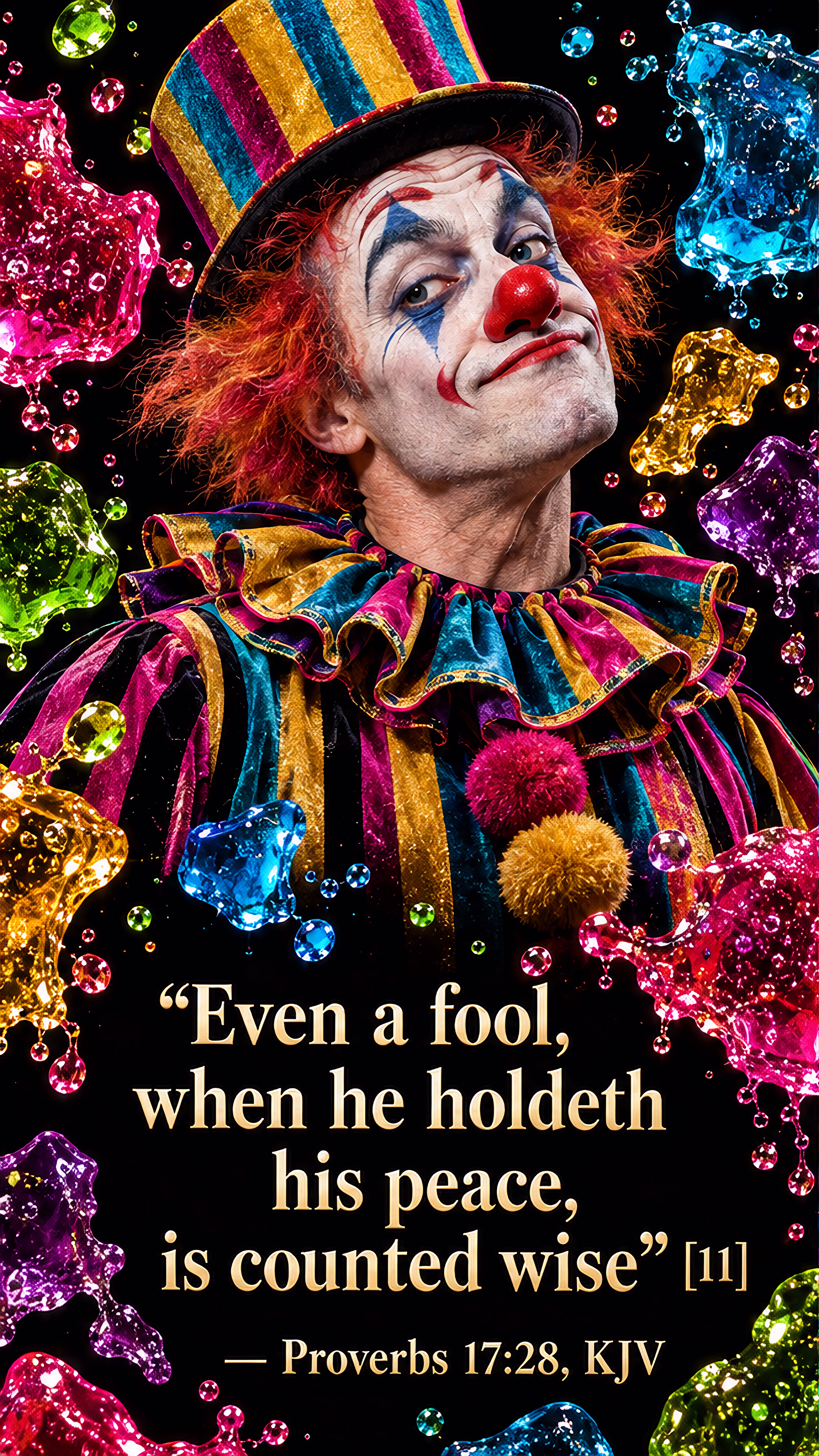 A brightly striped clown accompanies Proverbs on seeming wise through silence; a gold plaque displays Aristotle’s quotation about women’s silence.