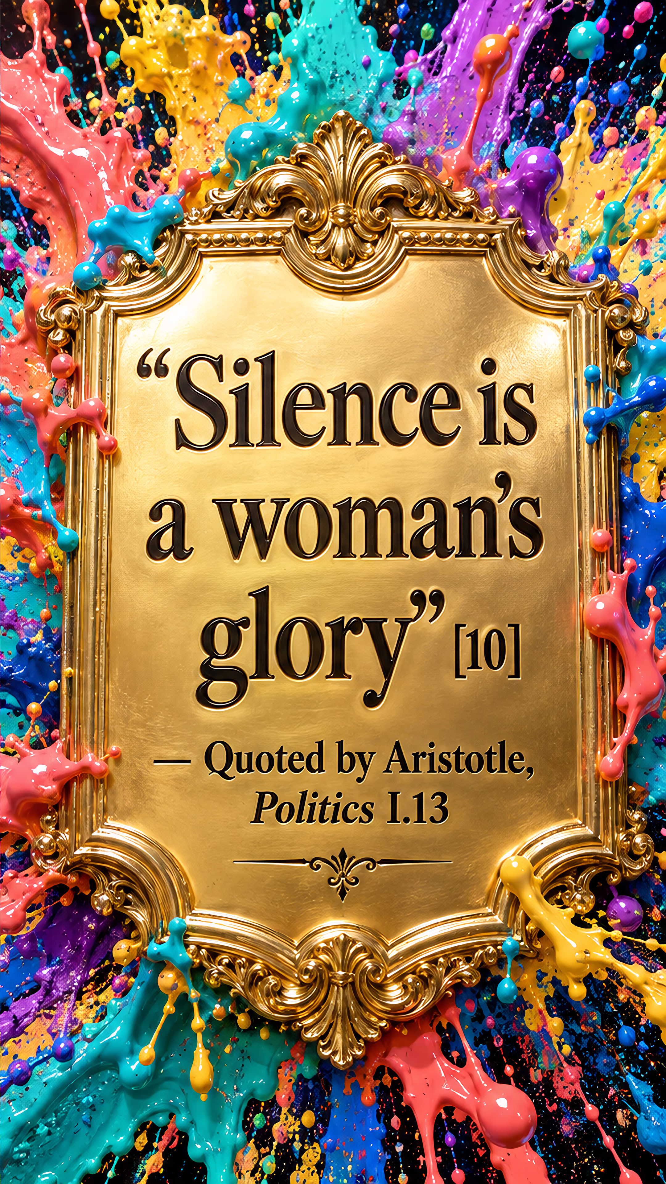 A brightly striped clown accompanies Proverbs on seeming wise through silence; a gold plaque displays Aristotle’s quotation about women’s silence.