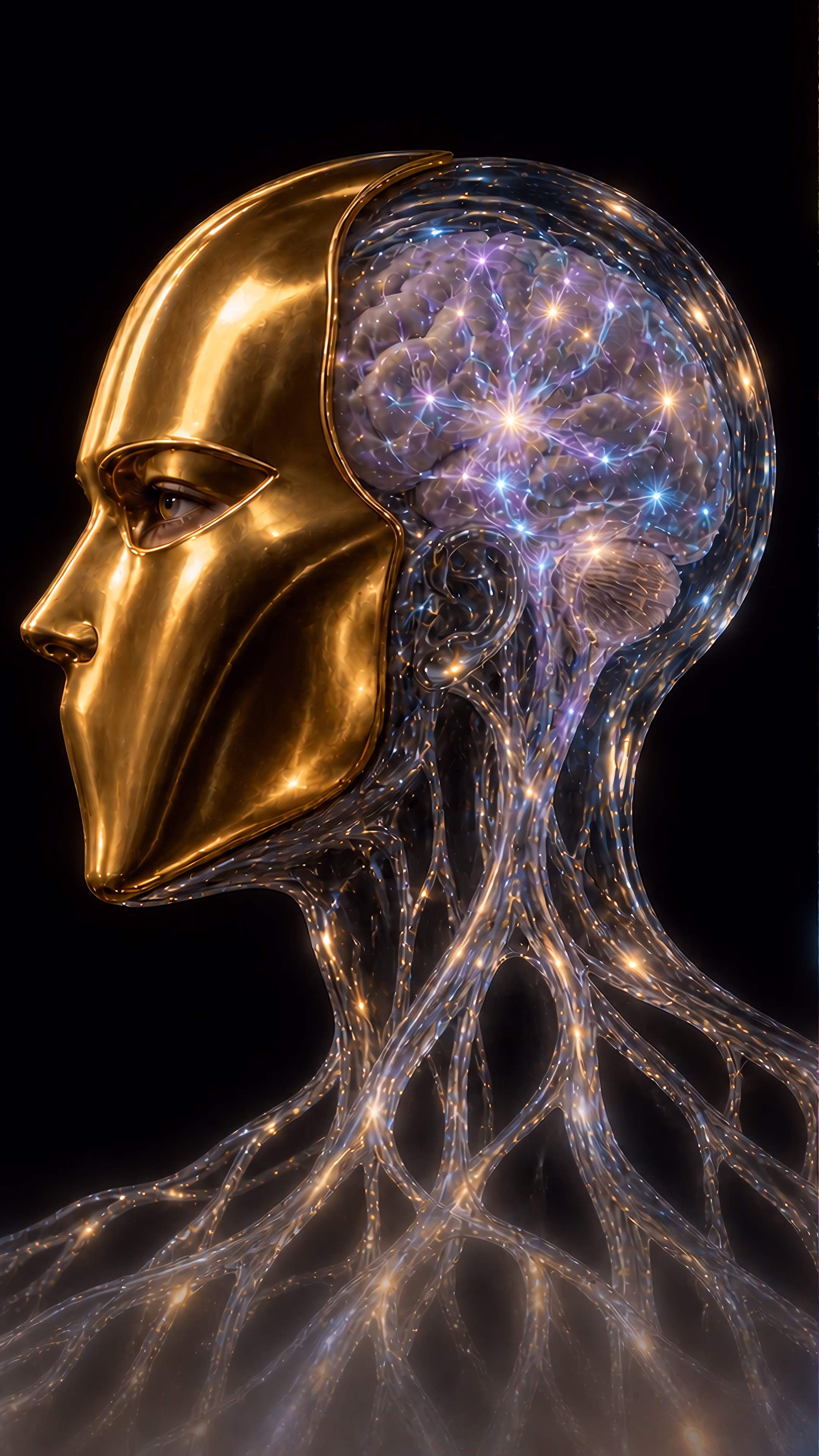 A mouthless gold mask covers a transparent head with a glowing brain; glass roots become satellite dishes immersed in rising streams of light.