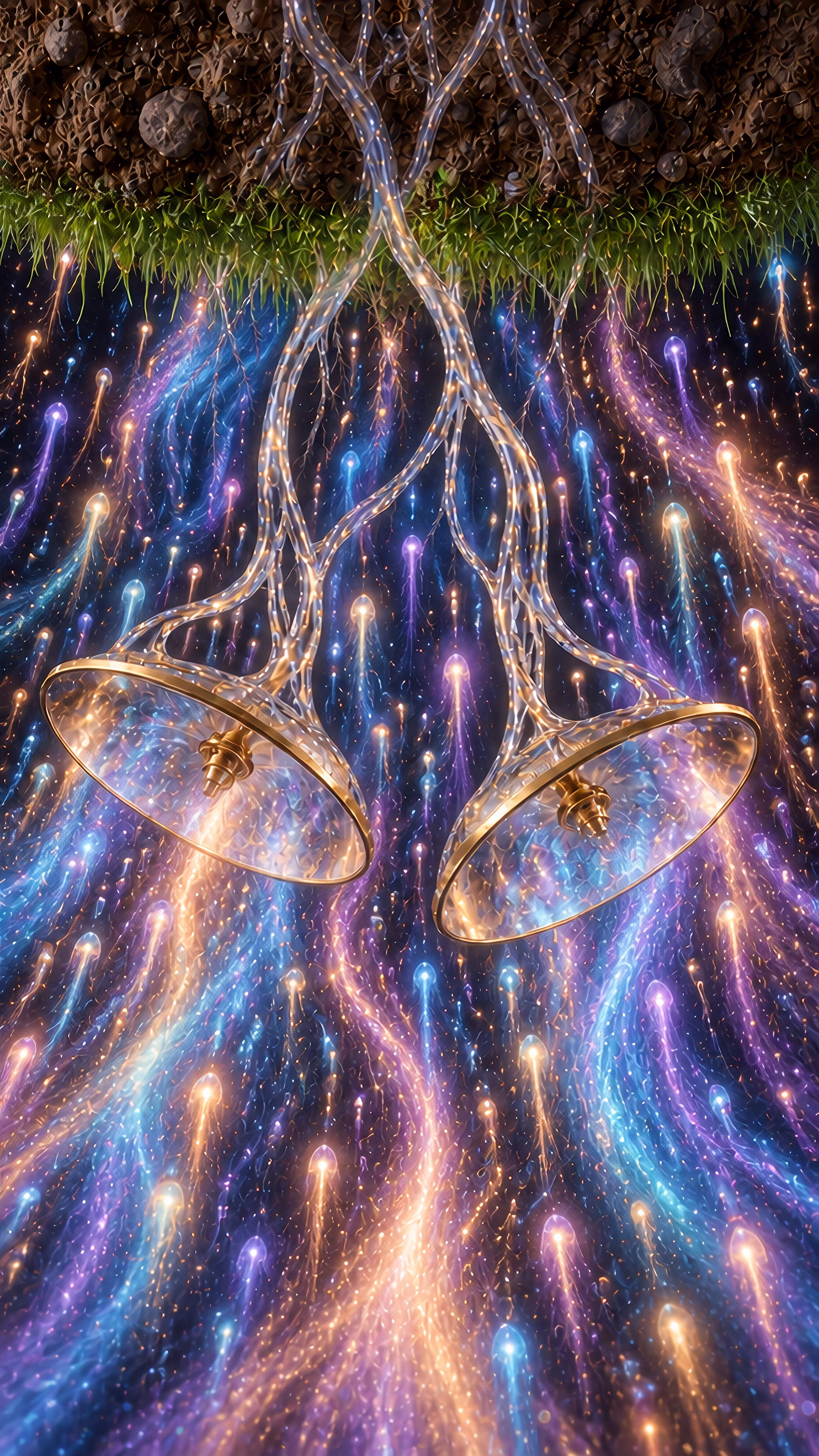 A mouthless gold mask covers a transparent head with a glowing brain; glass roots become satellite dishes immersed in rising streams of light.