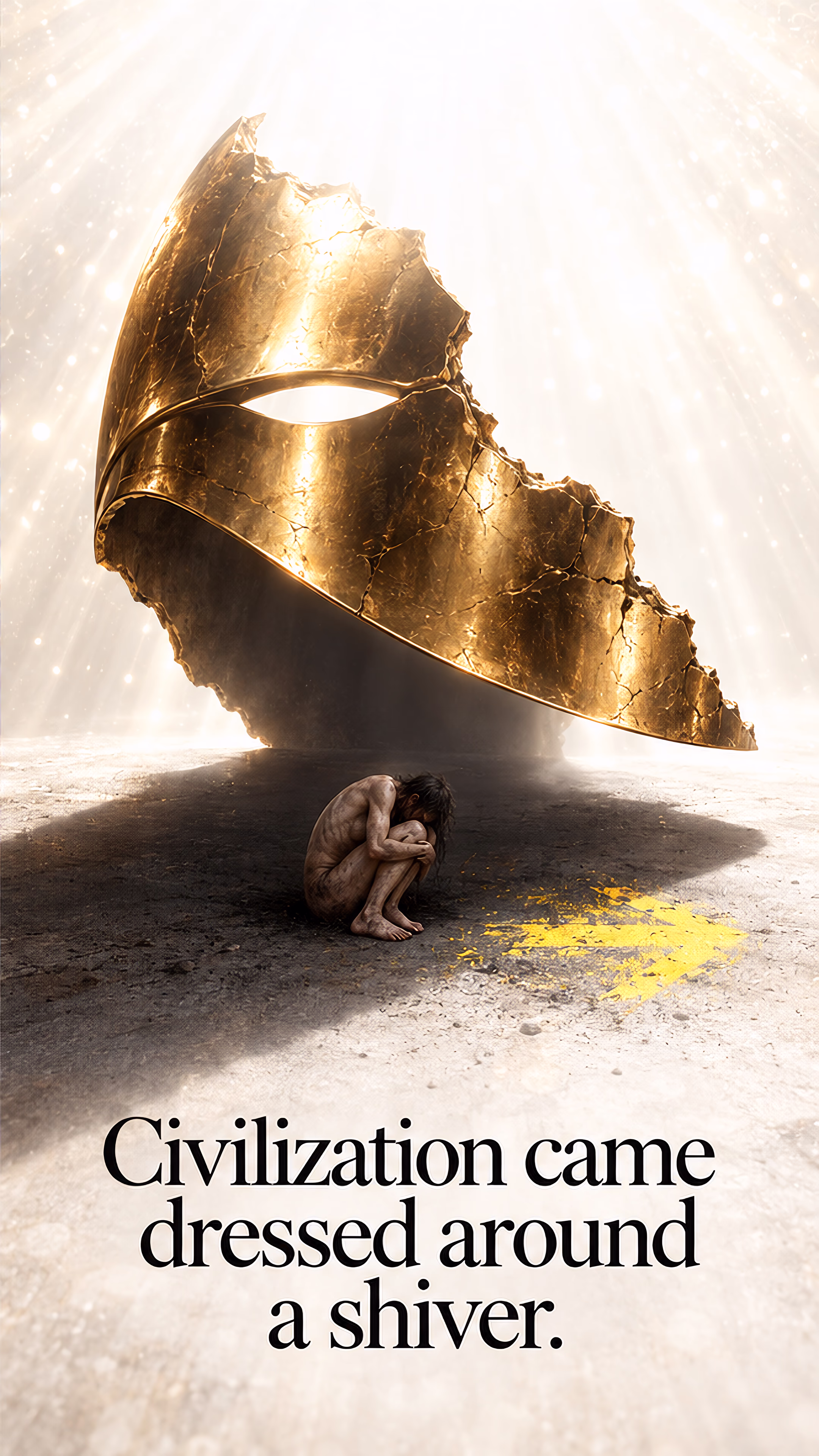 A flood of colored light turns white. Beneath a broken gold mask, a small curled figure shelters beside an ignored yellow arrow.