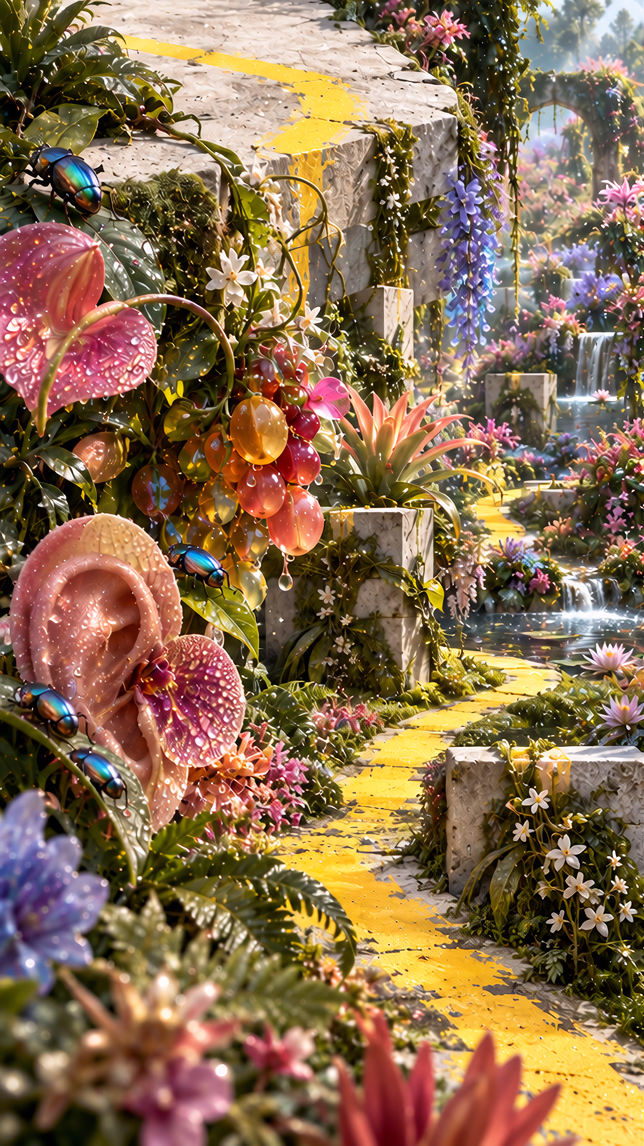 A yellow path winds through a lush garden of flowers and ear-shaped forms, then loses color above an old man covering his ears with his eyes closed.