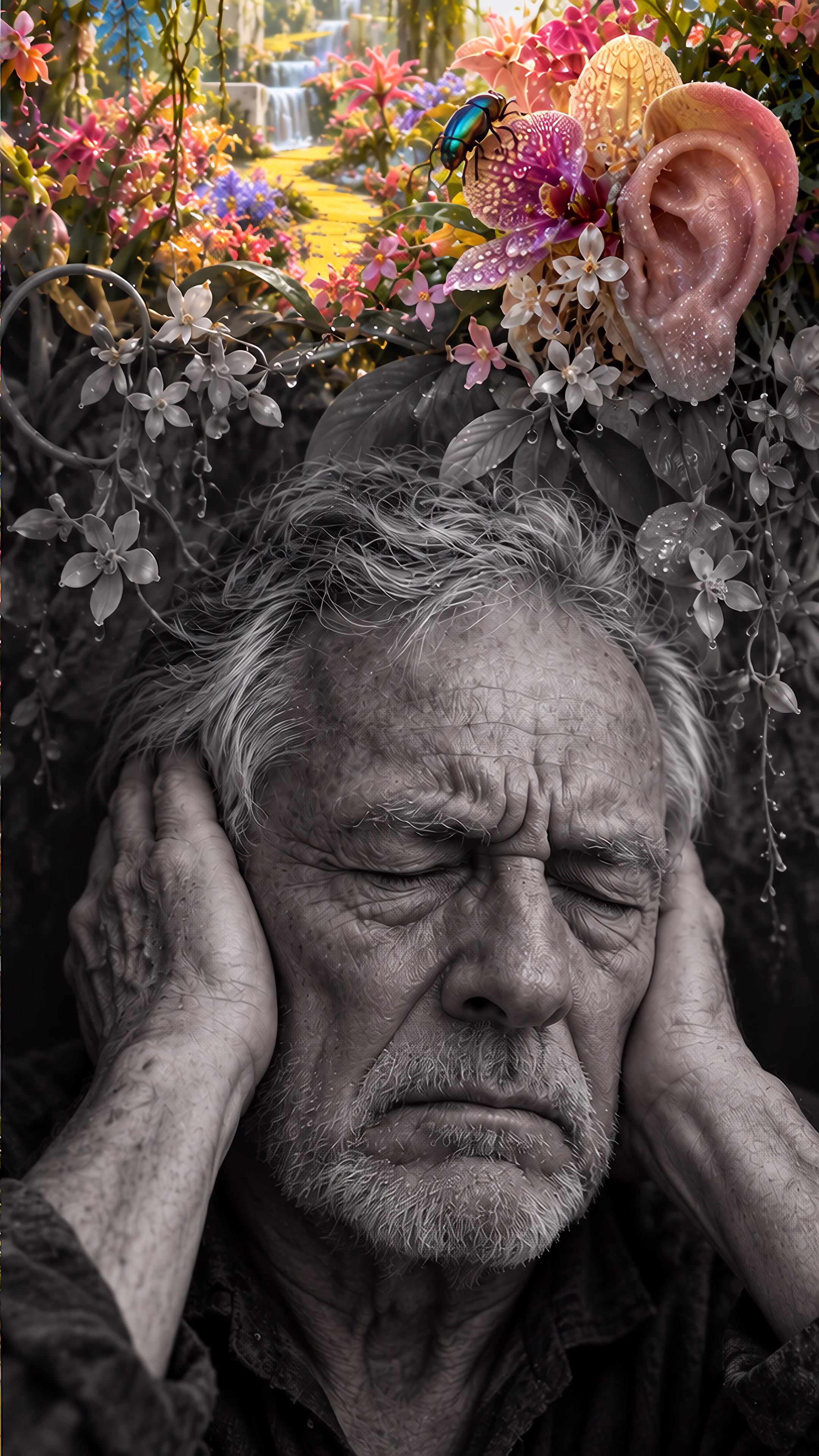 A yellow path winds through a lush garden of flowers and ear-shaped forms, then loses color above an old man covering his ears with his eyes closed.