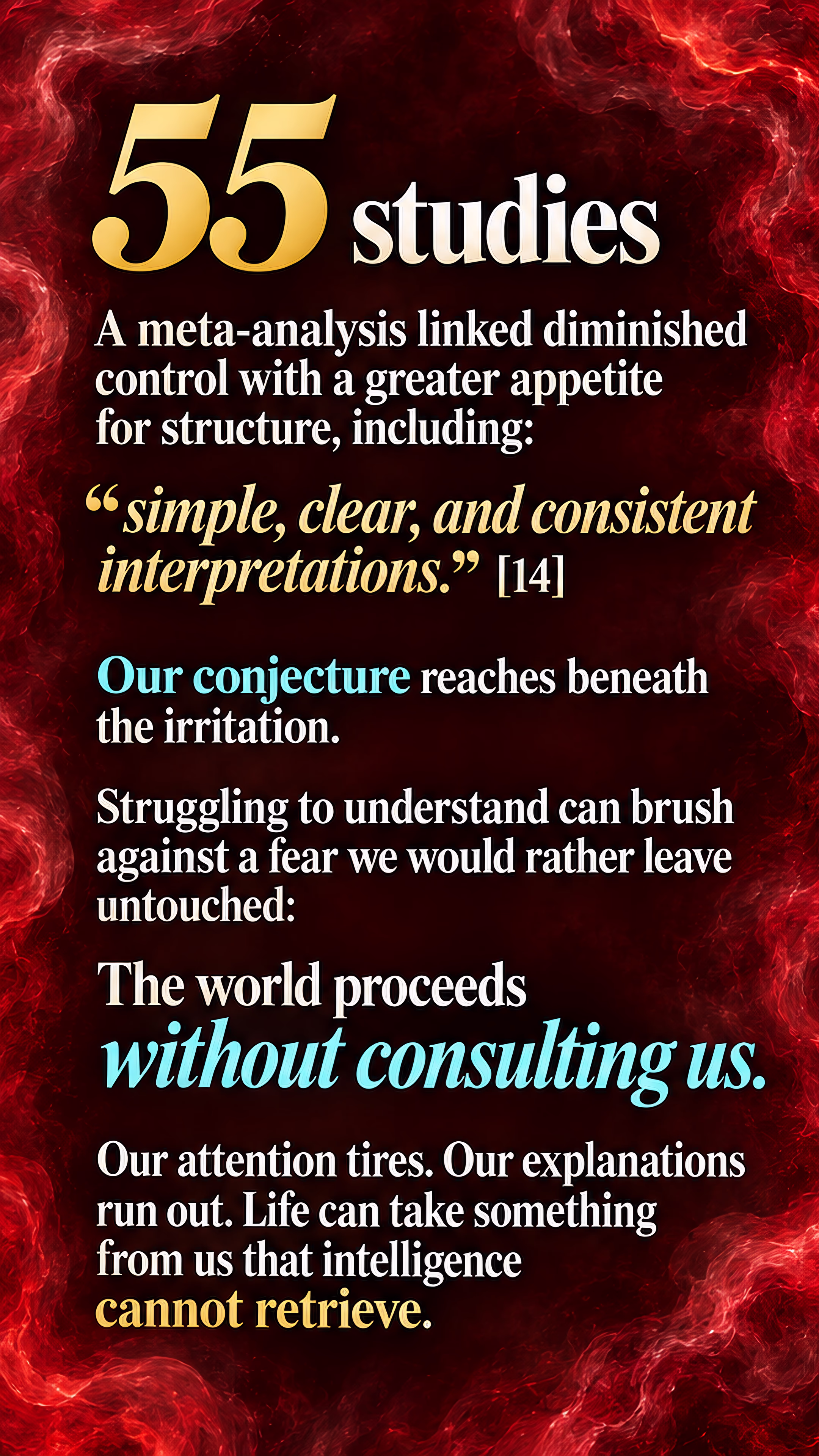 A 55-study meta-analysis connects reduced control with a desire for structure; the essay’s conjecture links impatience to human limits and mortality.
