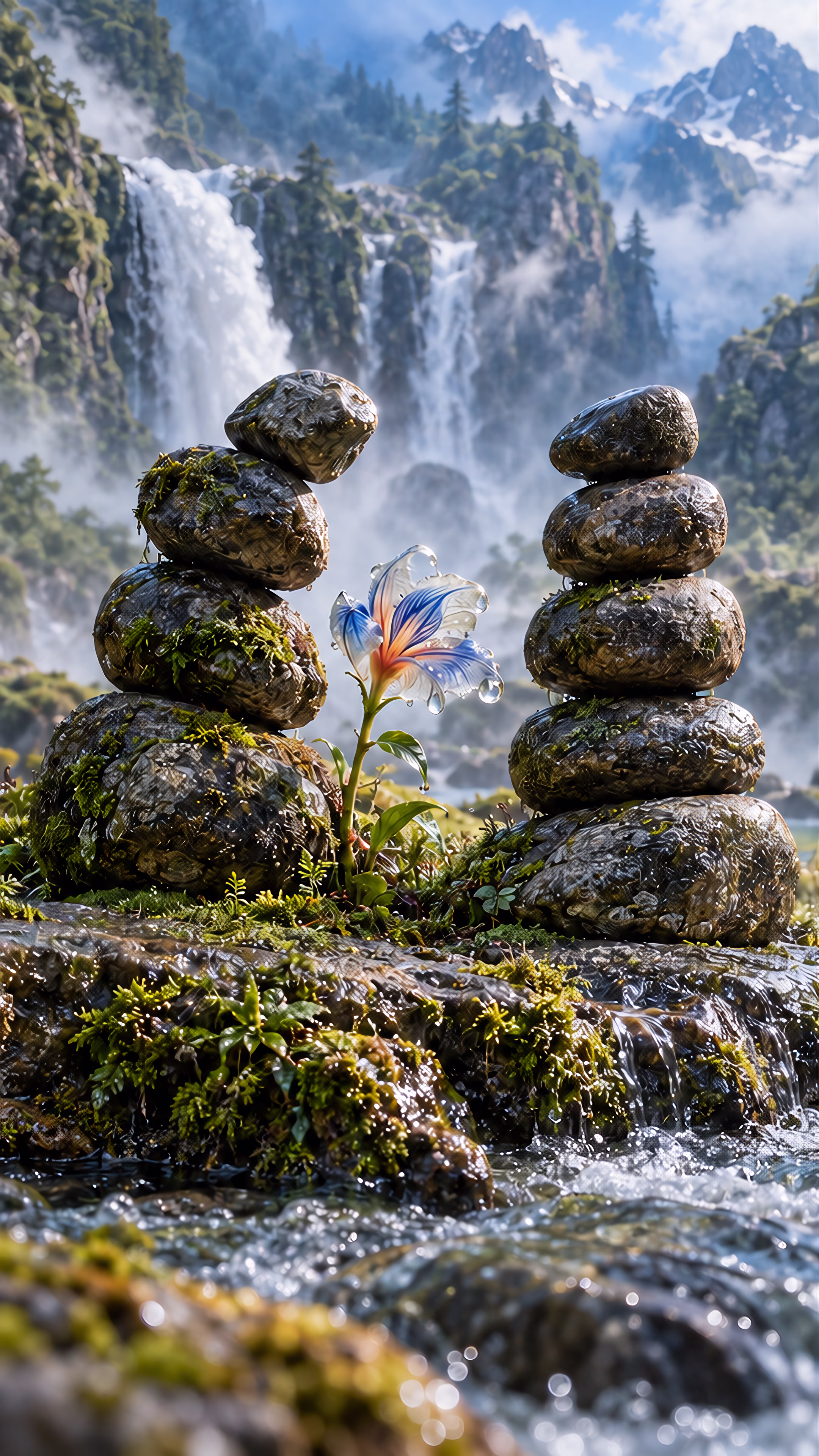 Two stone cairns stand beside a delicate flower above a mountain waterfall. A clear stream ends the essay with “What did you notice?”