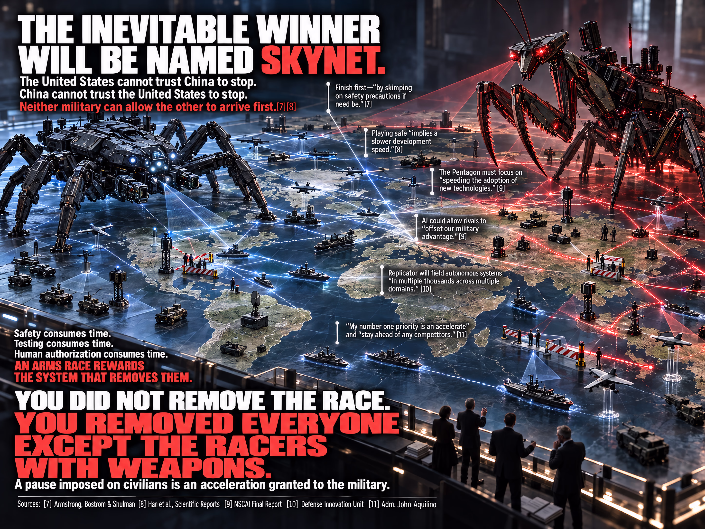 Infographic depicting a western spider war machine and an eastern mantis war machine confronting each other across a world-map game board covered in weapons, sensors, and targeting networks.